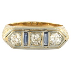 ART DECO ring with sapphire and old mine cut diamonds 18k gold and platinum