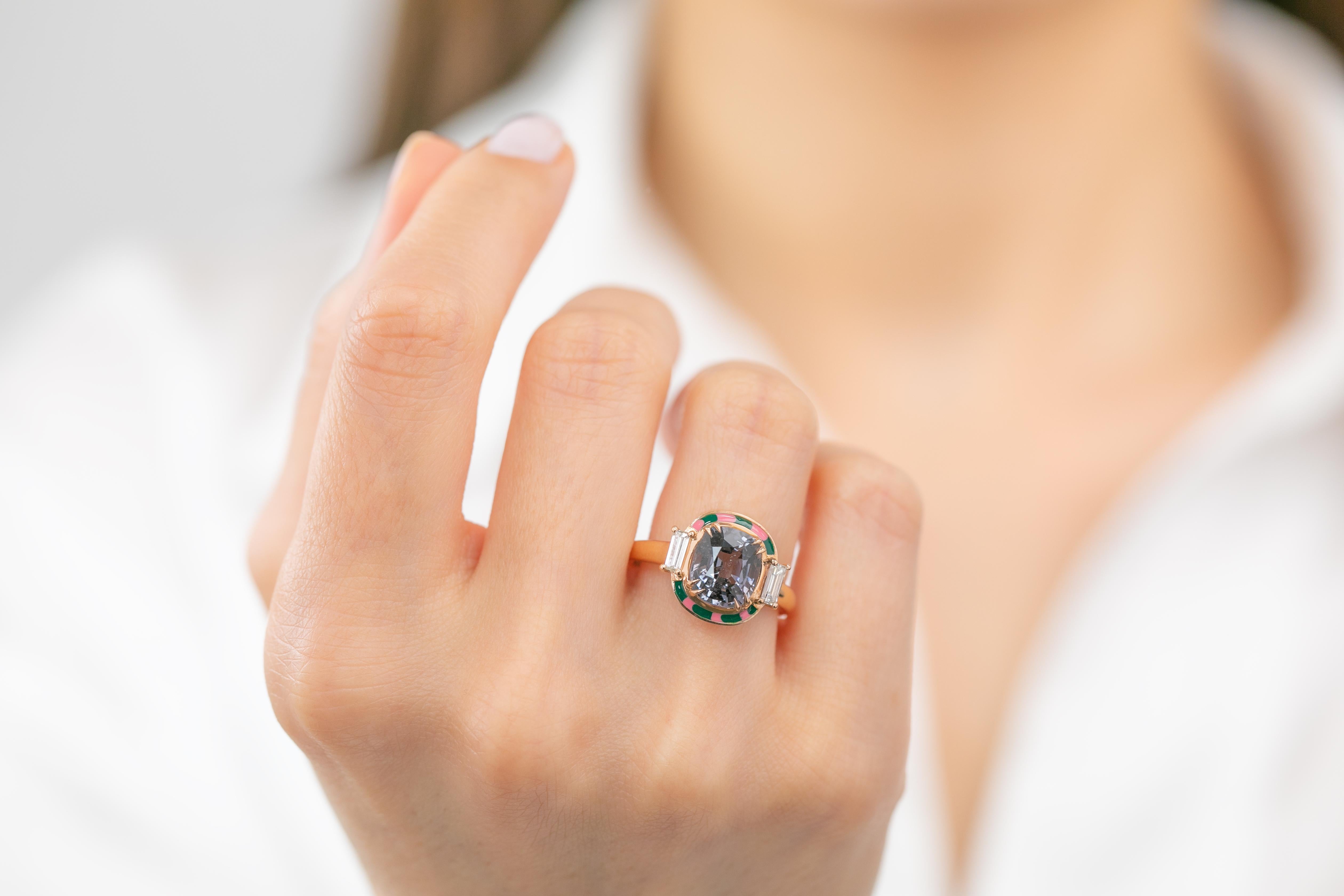 For Sale:  Art Deco Ring, 14k Rose Gold and 3.13ct Spinal Gray 0.37ct Baguette Stone Ring 10