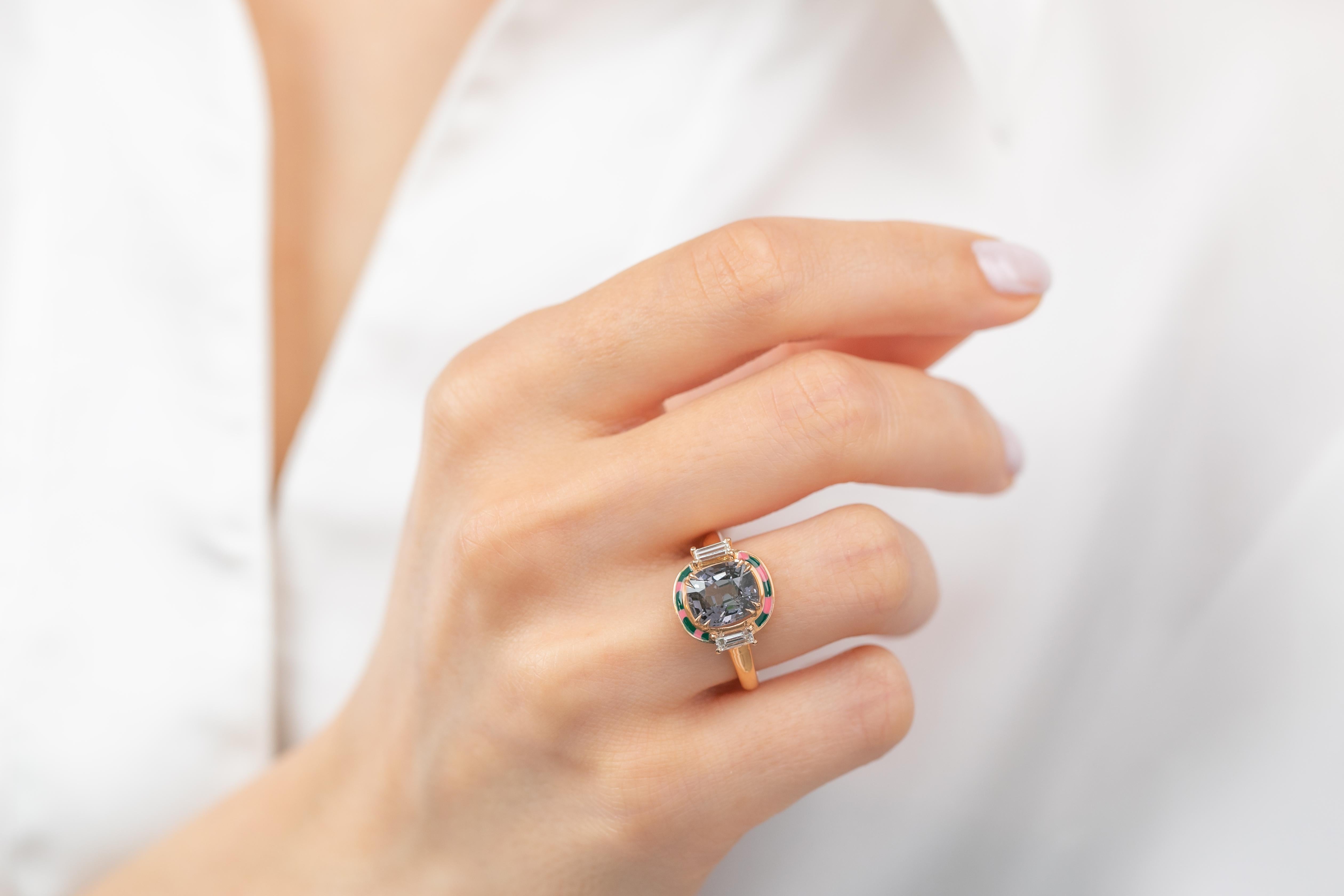 For Sale:  Art Deco Ring, 14k Rose Gold and 3.13ct Spinal Gray 0.37ct Baguette Stone Ring 11