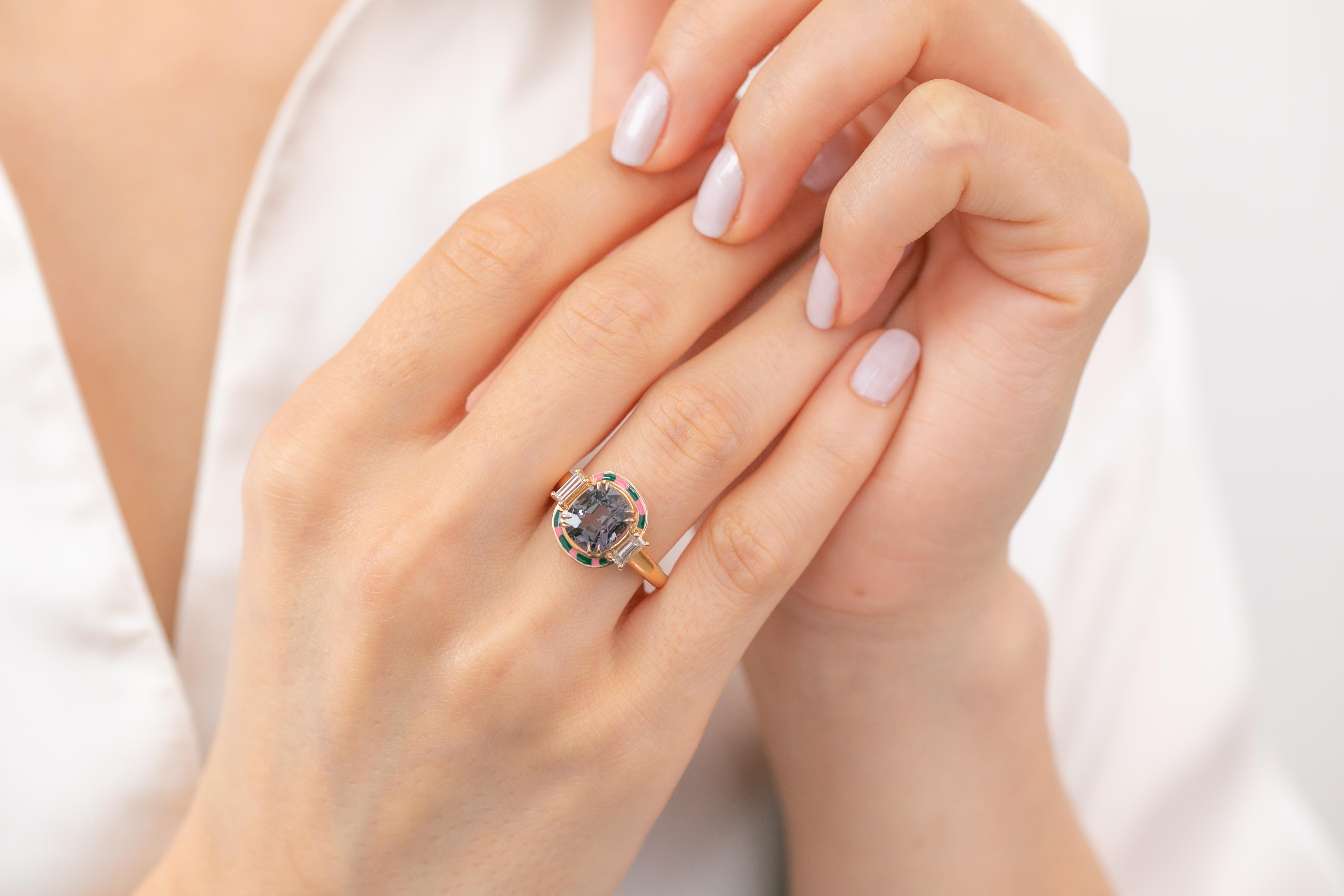 For Sale:  Art Deco Ring, 14k Rose Gold and 3.13ct Spinal Gray 0.37ct Baguette Stone Ring 12