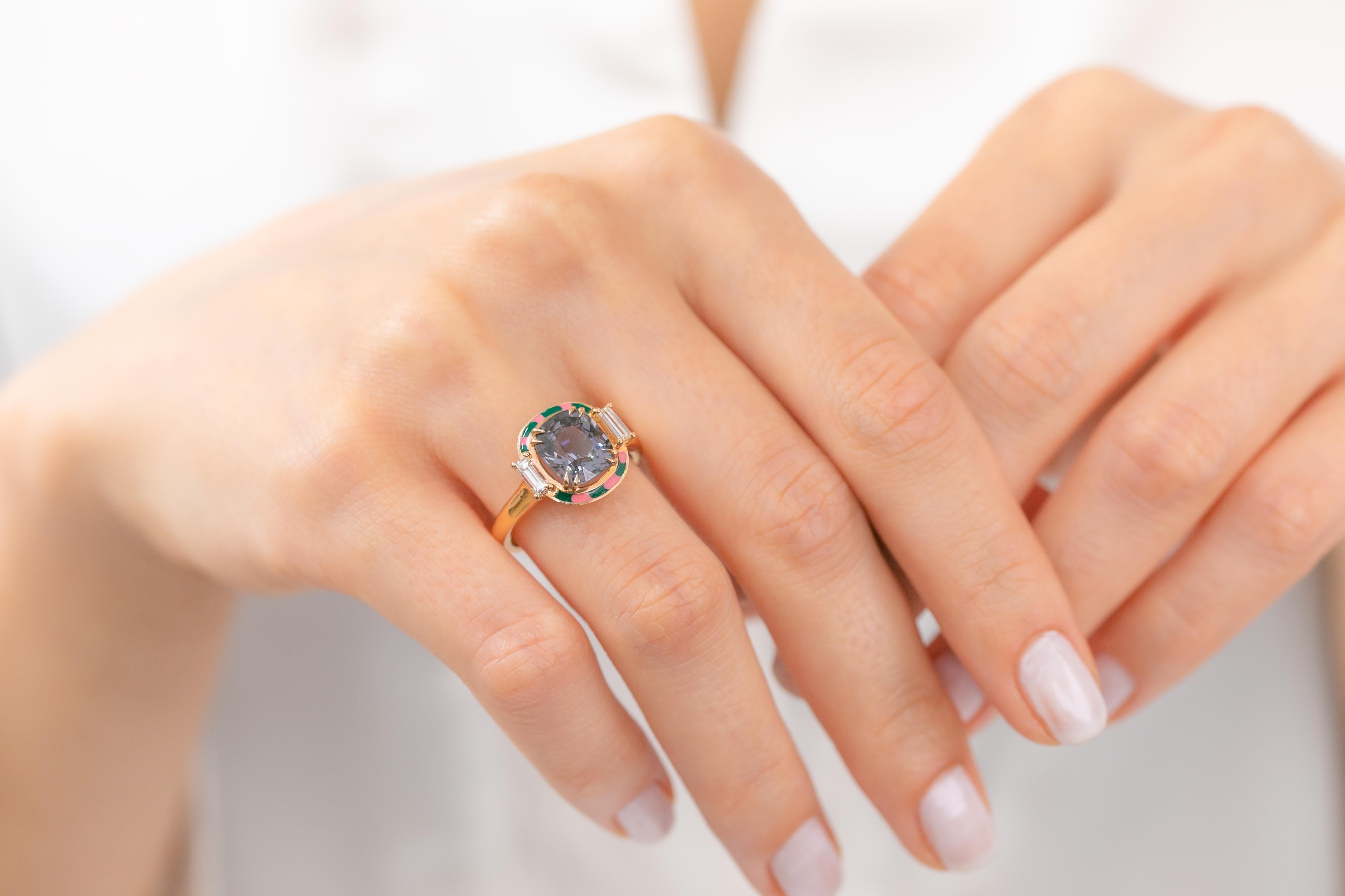 For Sale:  Art Deco Ring, 14k Rose Gold and 3.13ct Spinal Gray 0.37ct Baguette Stone Ring 13