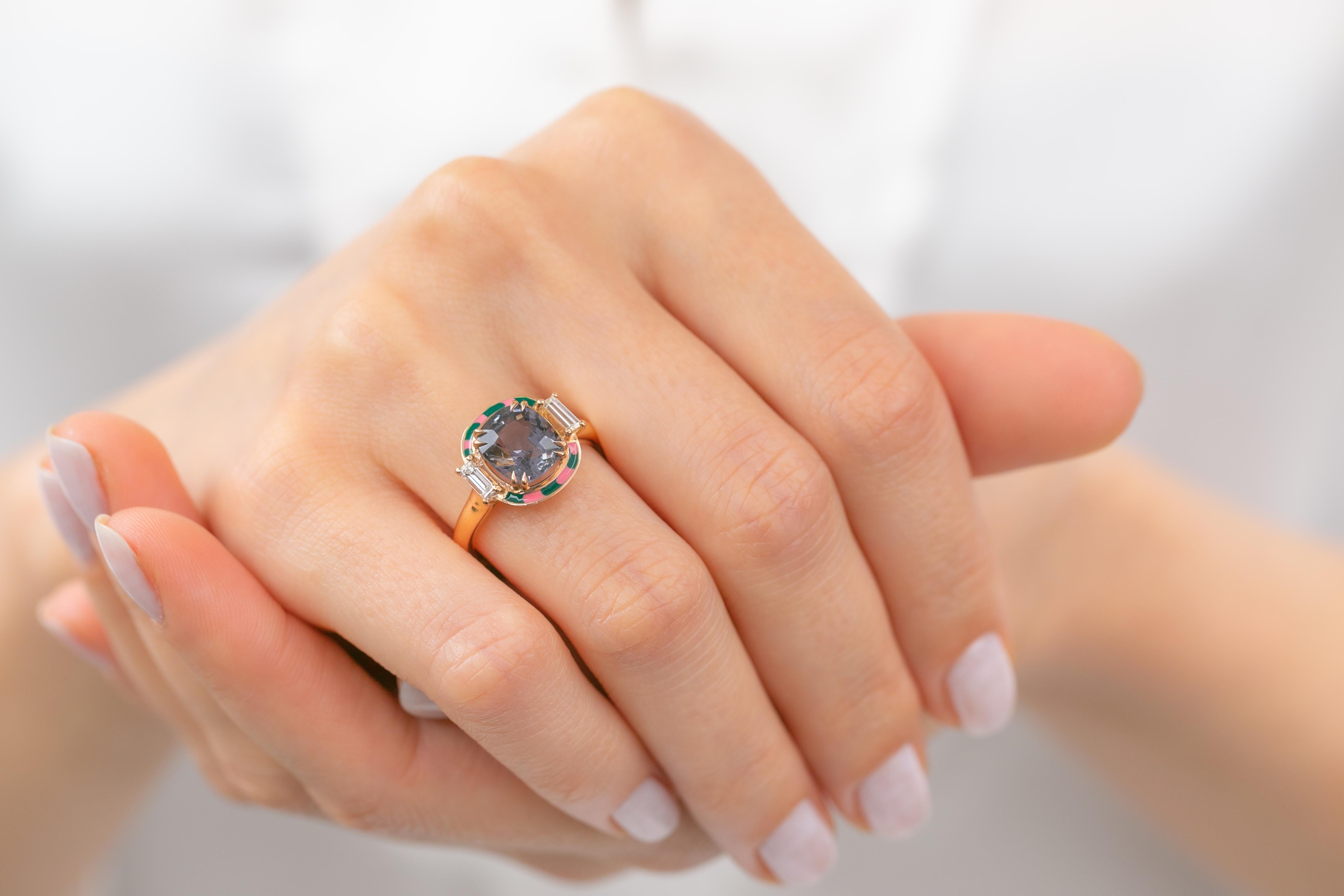 For Sale:  Art Deco Ring, 14k Rose Gold and 3.13ct Spinal Gray 0.37ct Baguette Stone Ring 14