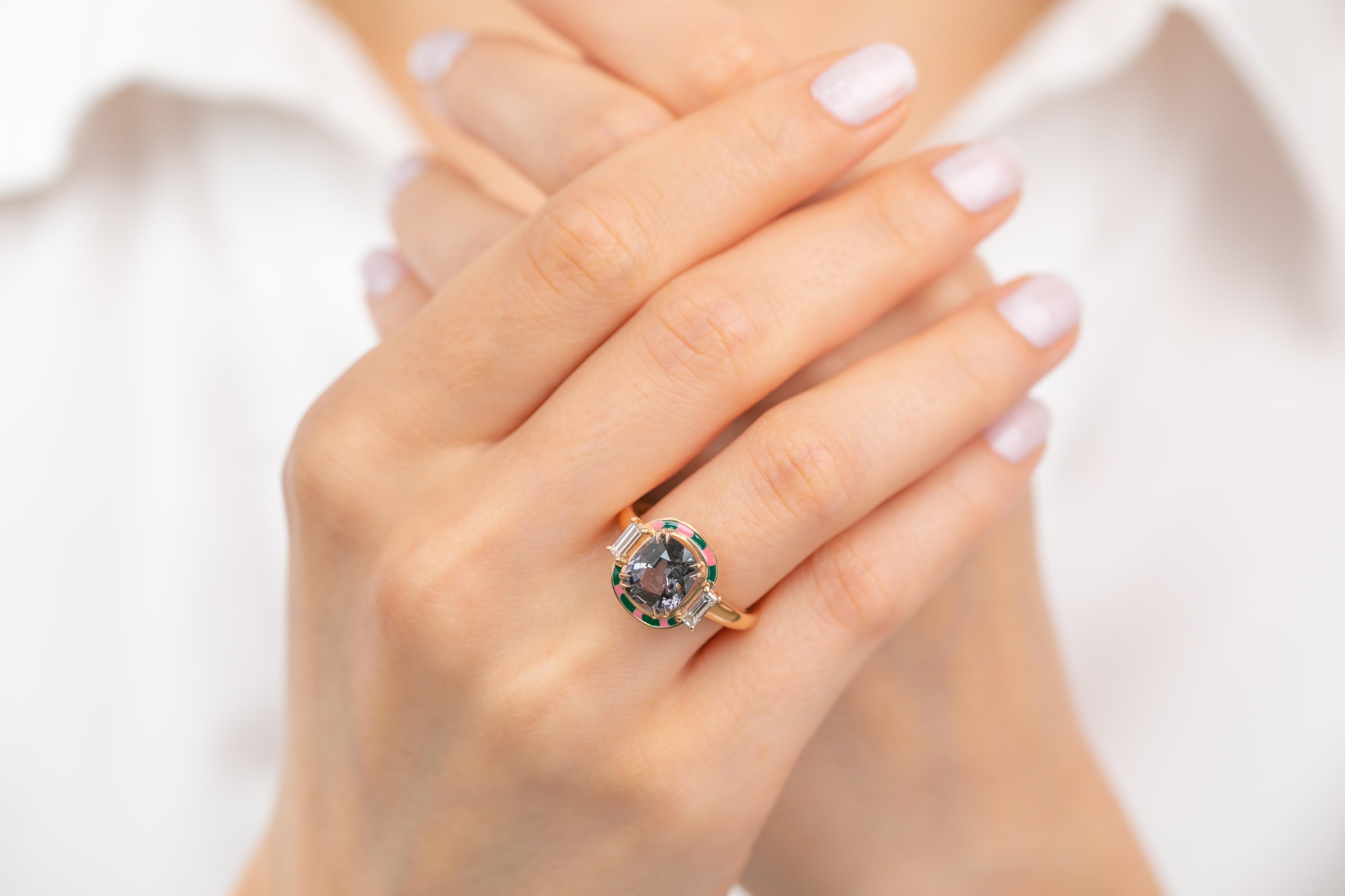 For Sale:  Art Deco Ring, 14k Rose Gold and 3.13ct Spinal Gray 0.37ct Baguette Stone Ring 15