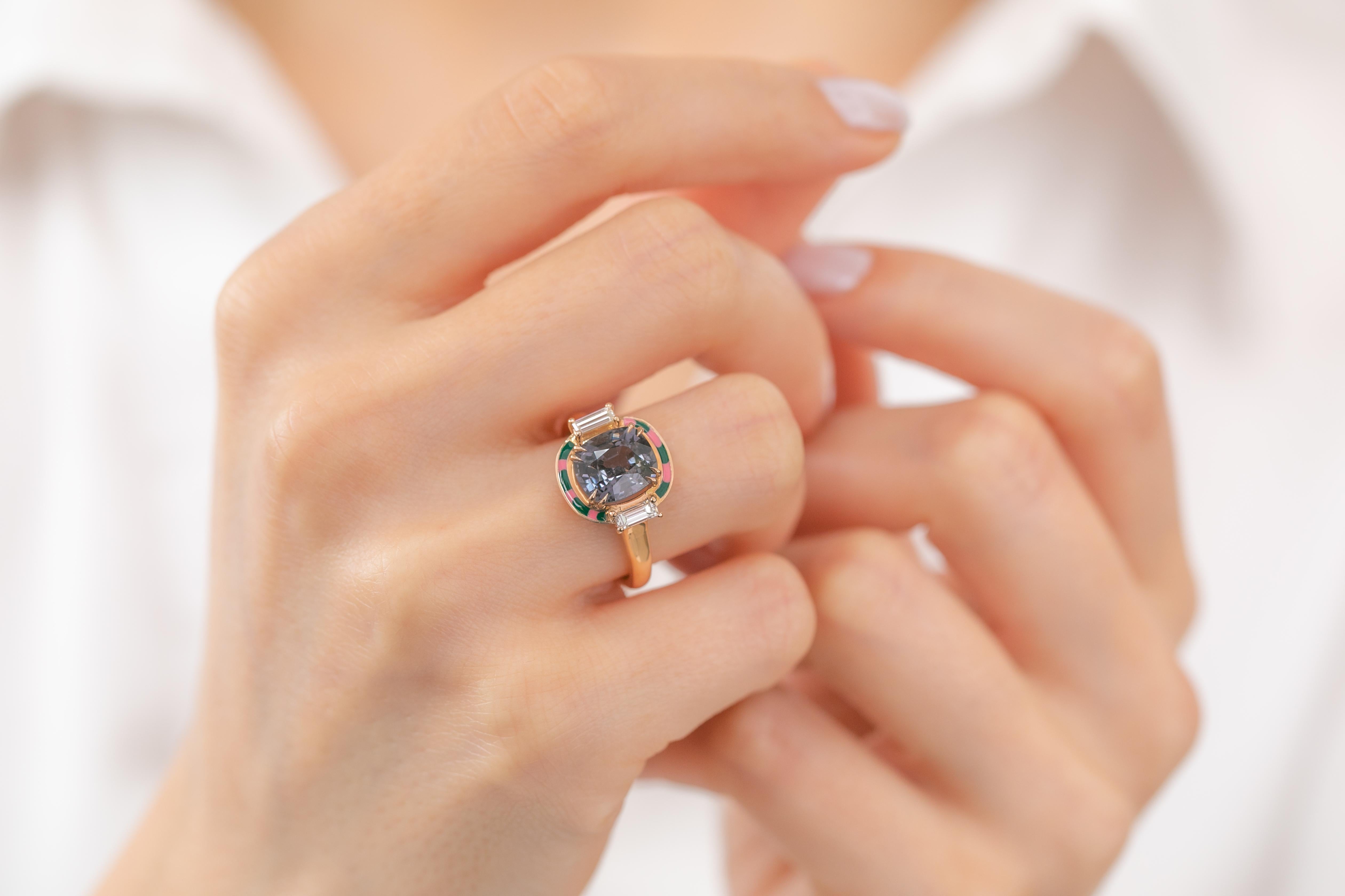 For Sale:  Art Deco Ring, 14k Rose Gold and 3.13ct Spinal Gray 0.37ct Baguette Stone Ring 16