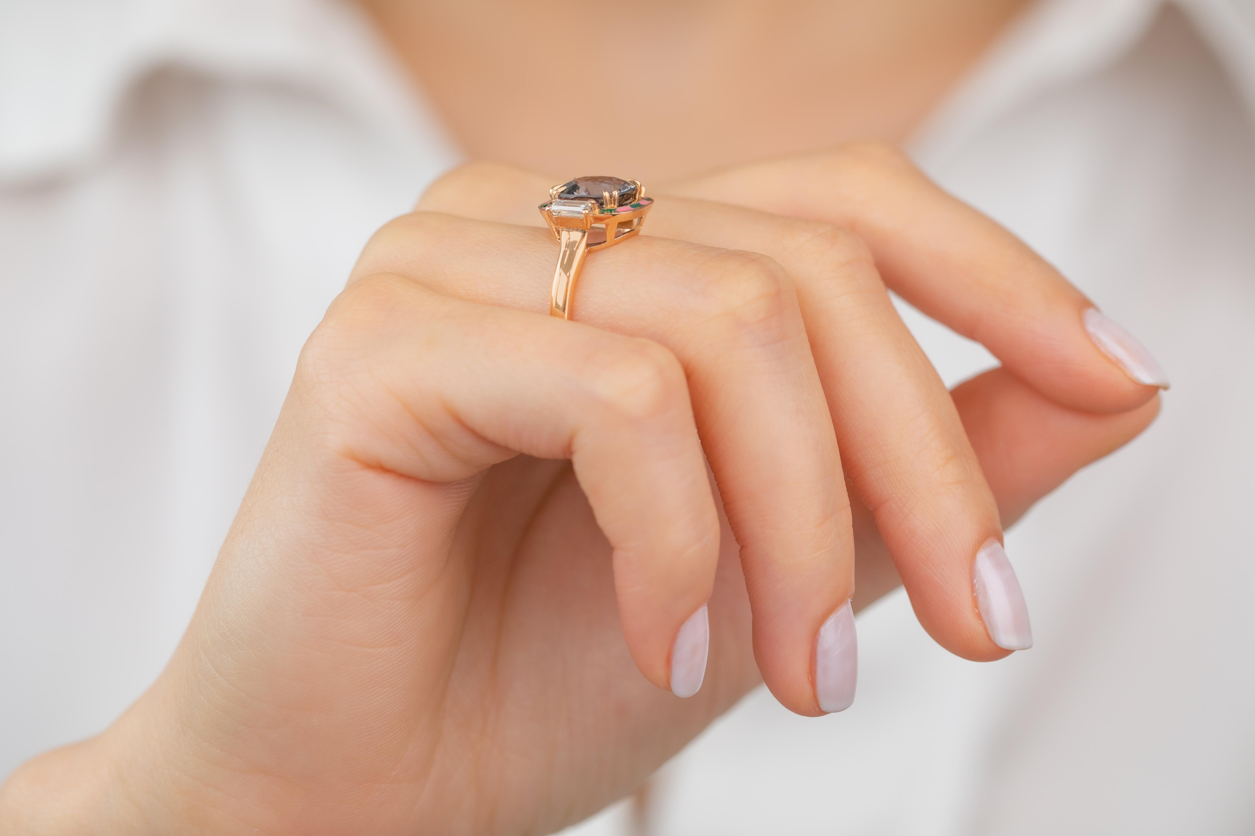 For Sale:  Art Deco Ring, 14k Rose Gold and 3.13ct Spinal Gray 0.37ct Baguette Stone Ring 17