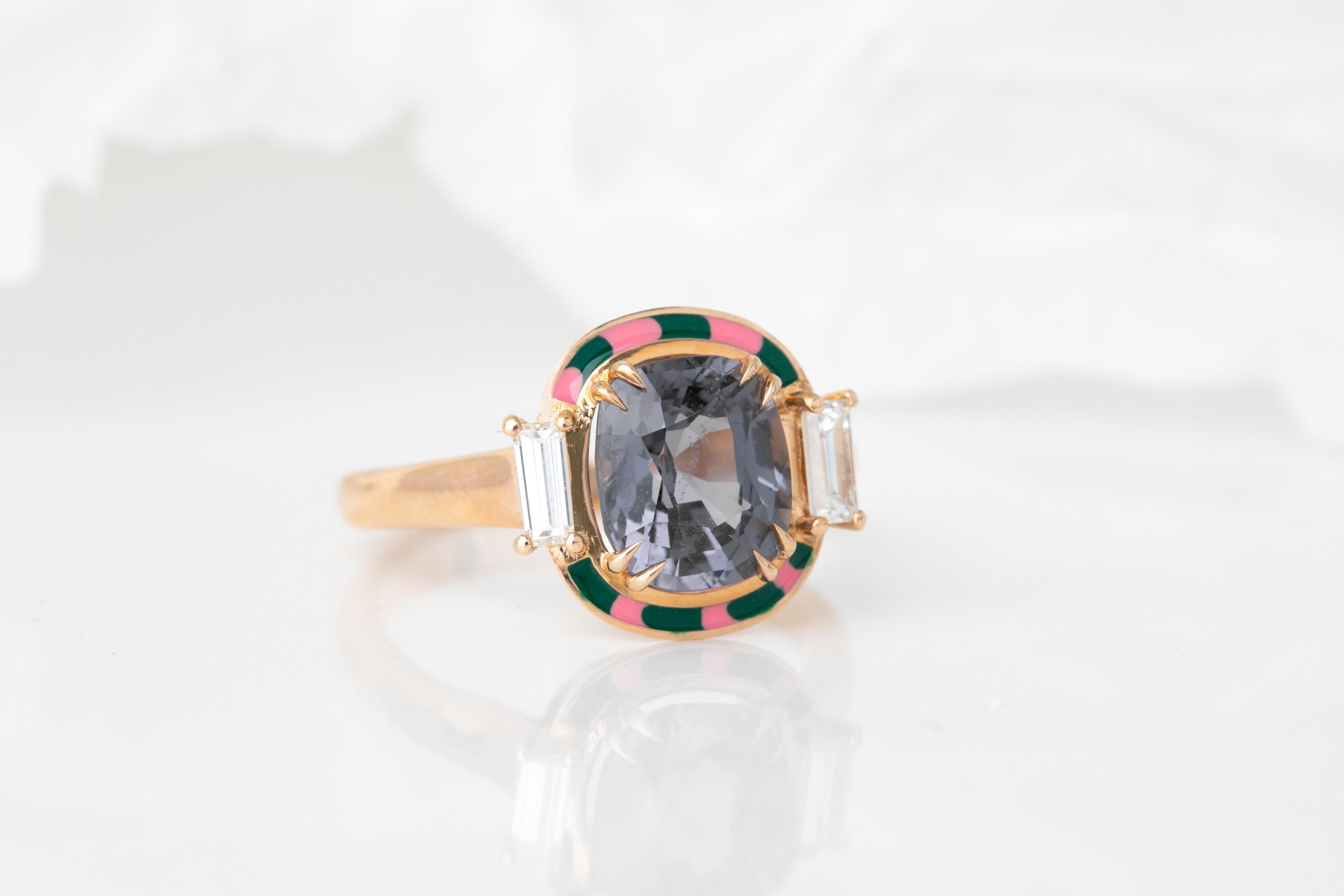 For Sale:  Art Deco Ring, 14k Rose Gold and 3.13ct Spinal Gray 0.37ct Baguette Stone Ring 2