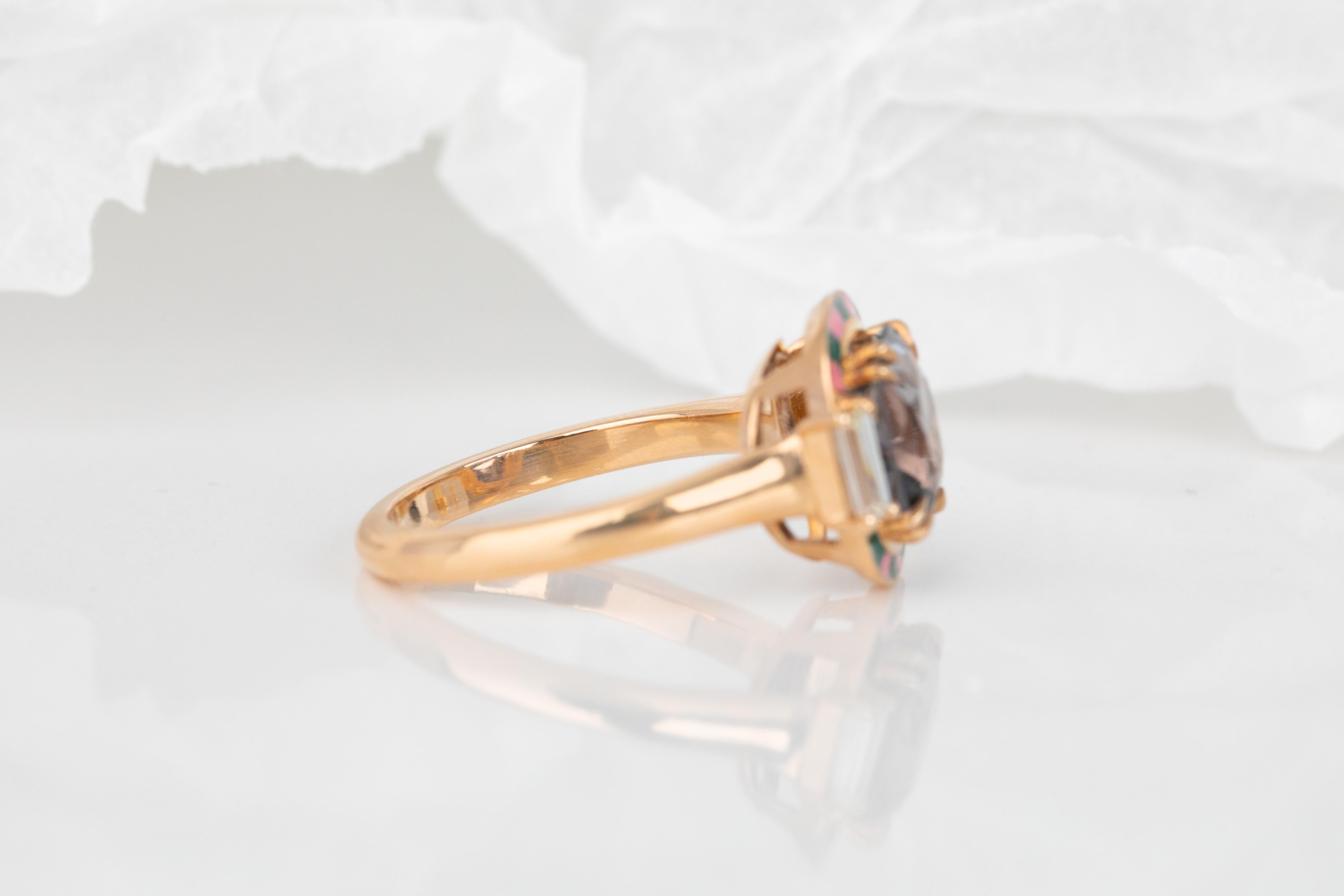 For Sale:  Art Deco Ring, 14k Rose Gold and 3.13ct Spinal Gray 0.37ct Baguette Stone Ring 3