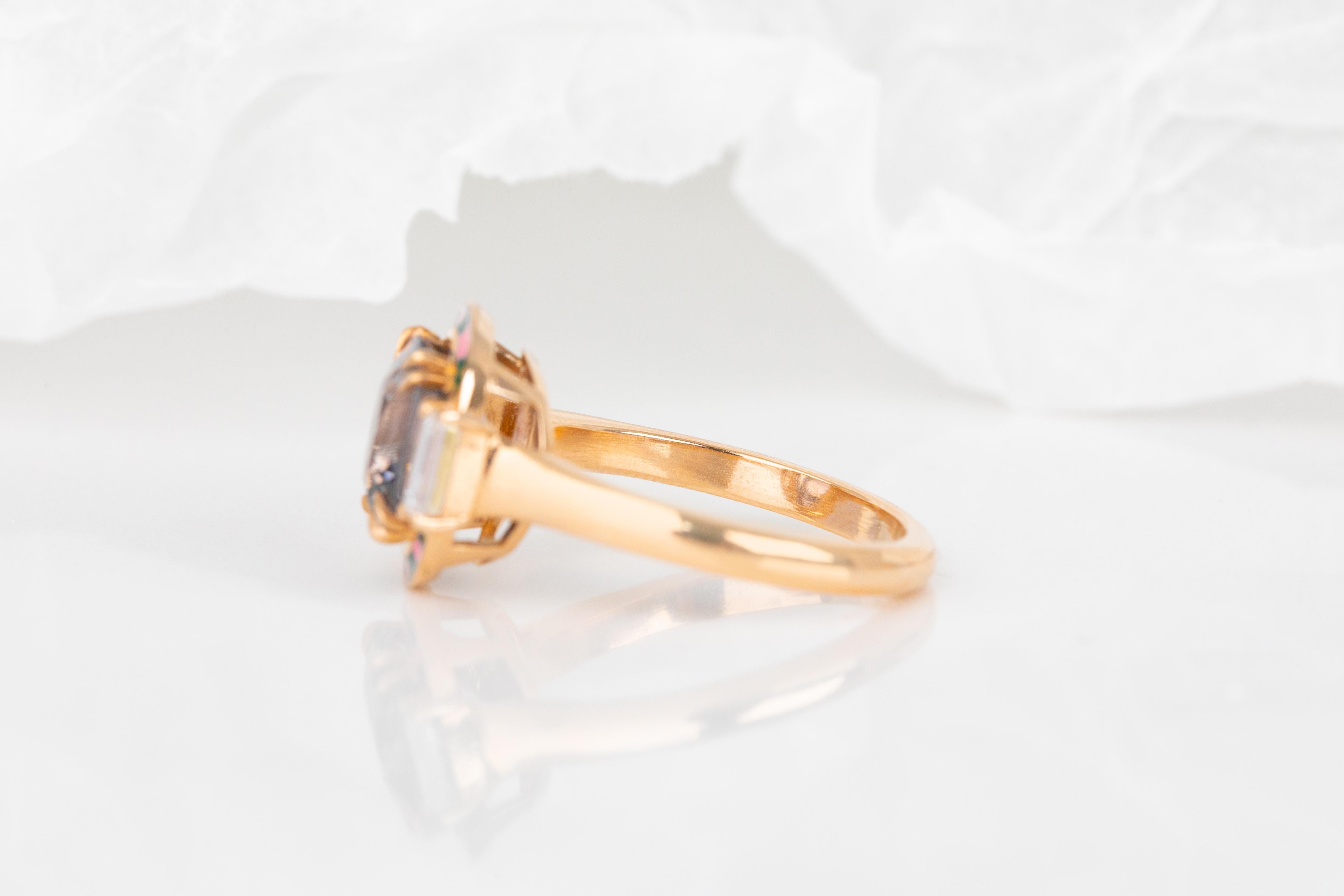For Sale:  Art Deco Ring, 14k Rose Gold and 3.13ct Spinal Gray 0.37ct Baguette Stone Ring 5