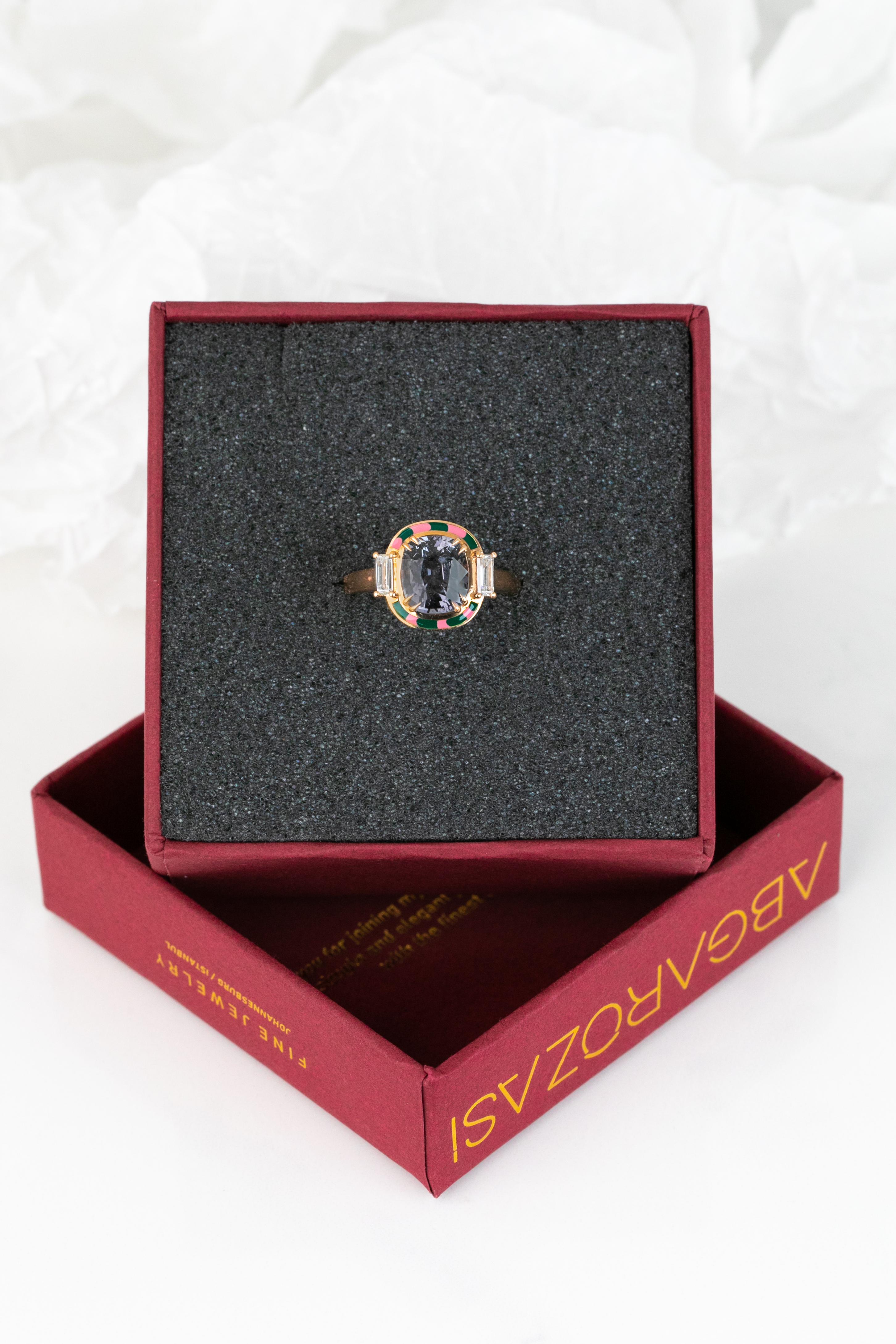 For Sale:  Art Deco Ring, 14k Rose Gold and 3.13ct Spinal Gray 0.37ct Baguette Stone Ring 6