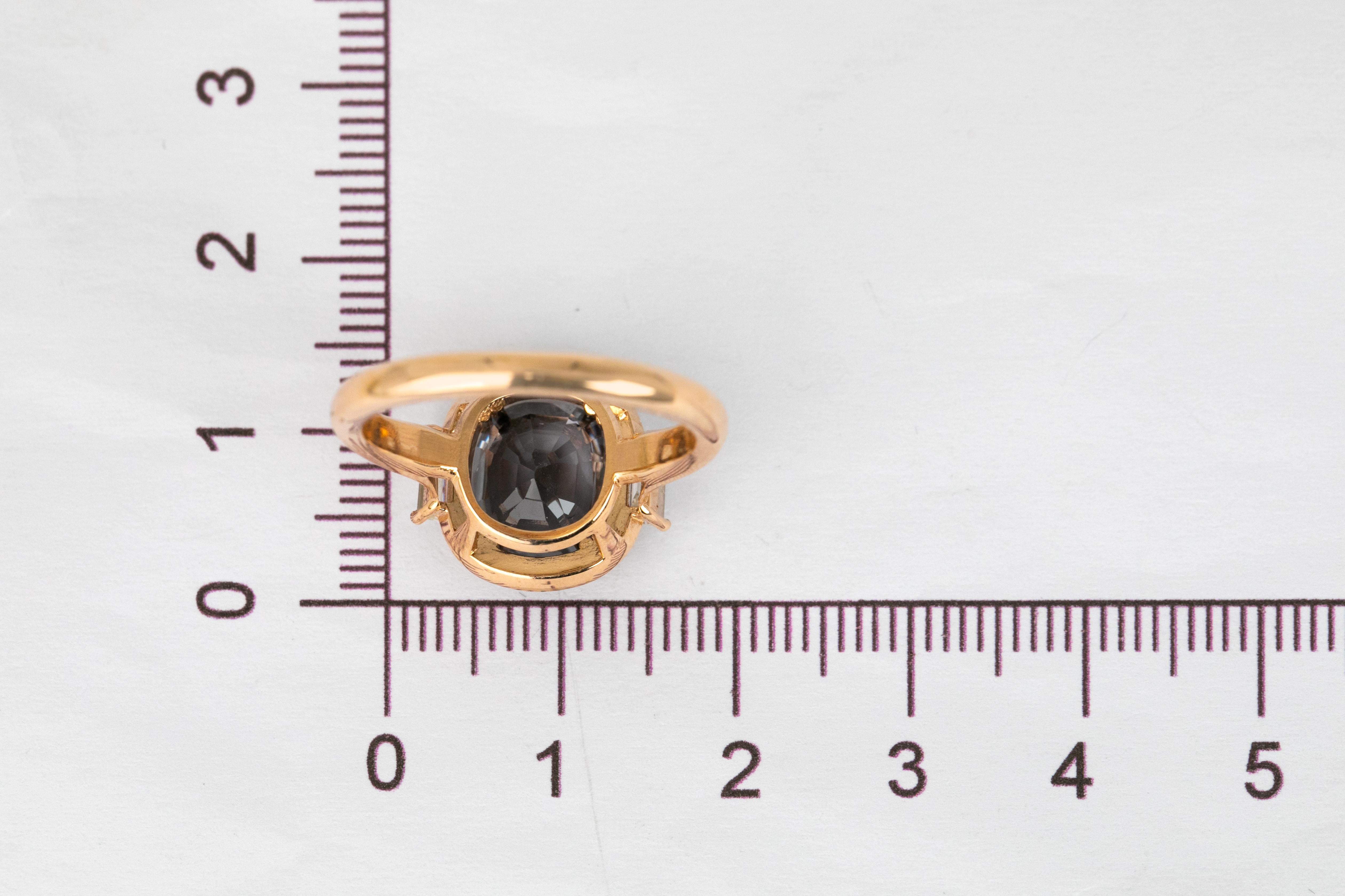For Sale:  Art Deco Ring, 14k Rose Gold and 3.13ct Spinal Gray 0.37ct Baguette Stone Ring 7