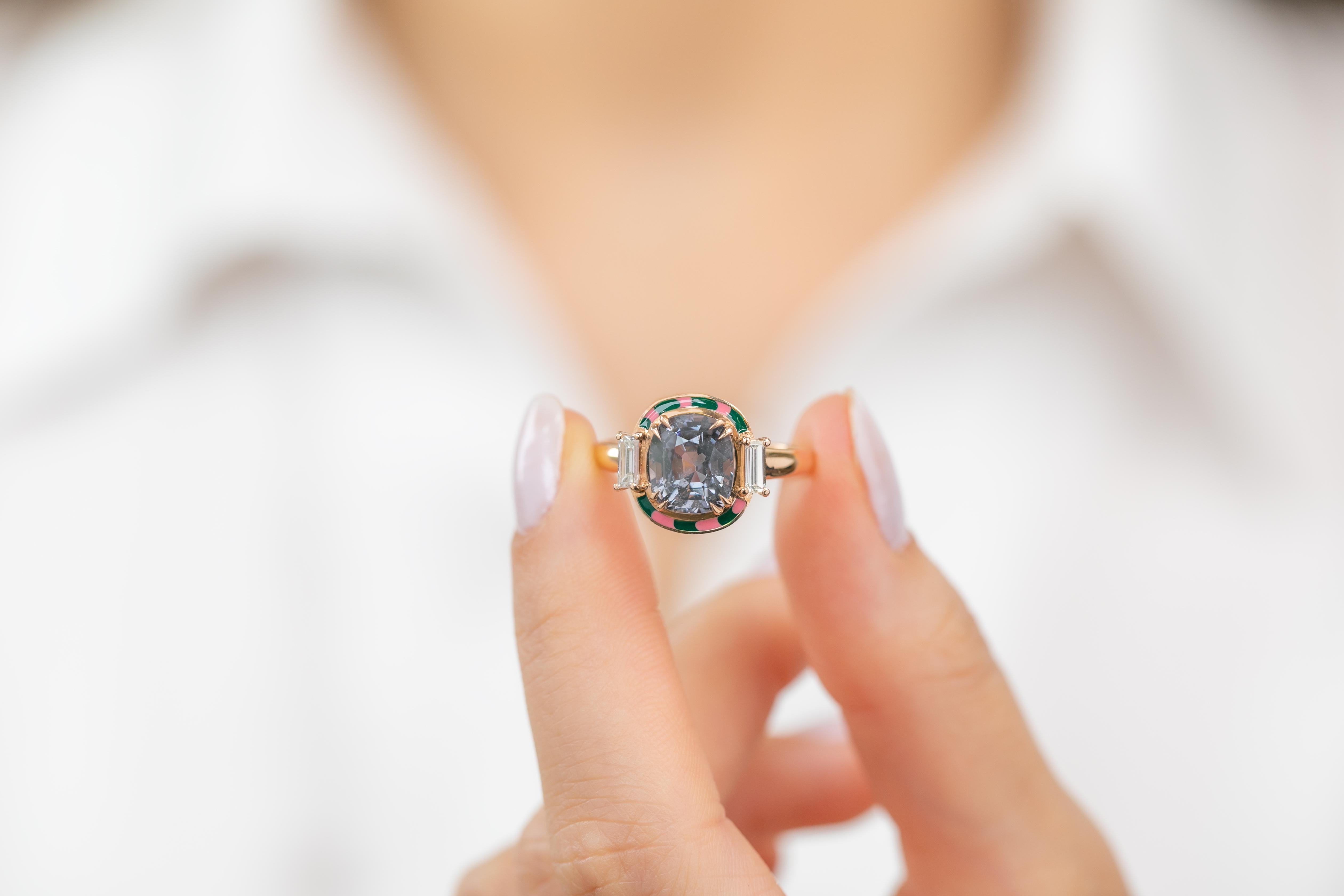 For Sale:  Art Deco Ring, 14k Rose Gold and 3.13ct Spinal Gray 0.37ct Baguette Stone Ring 9