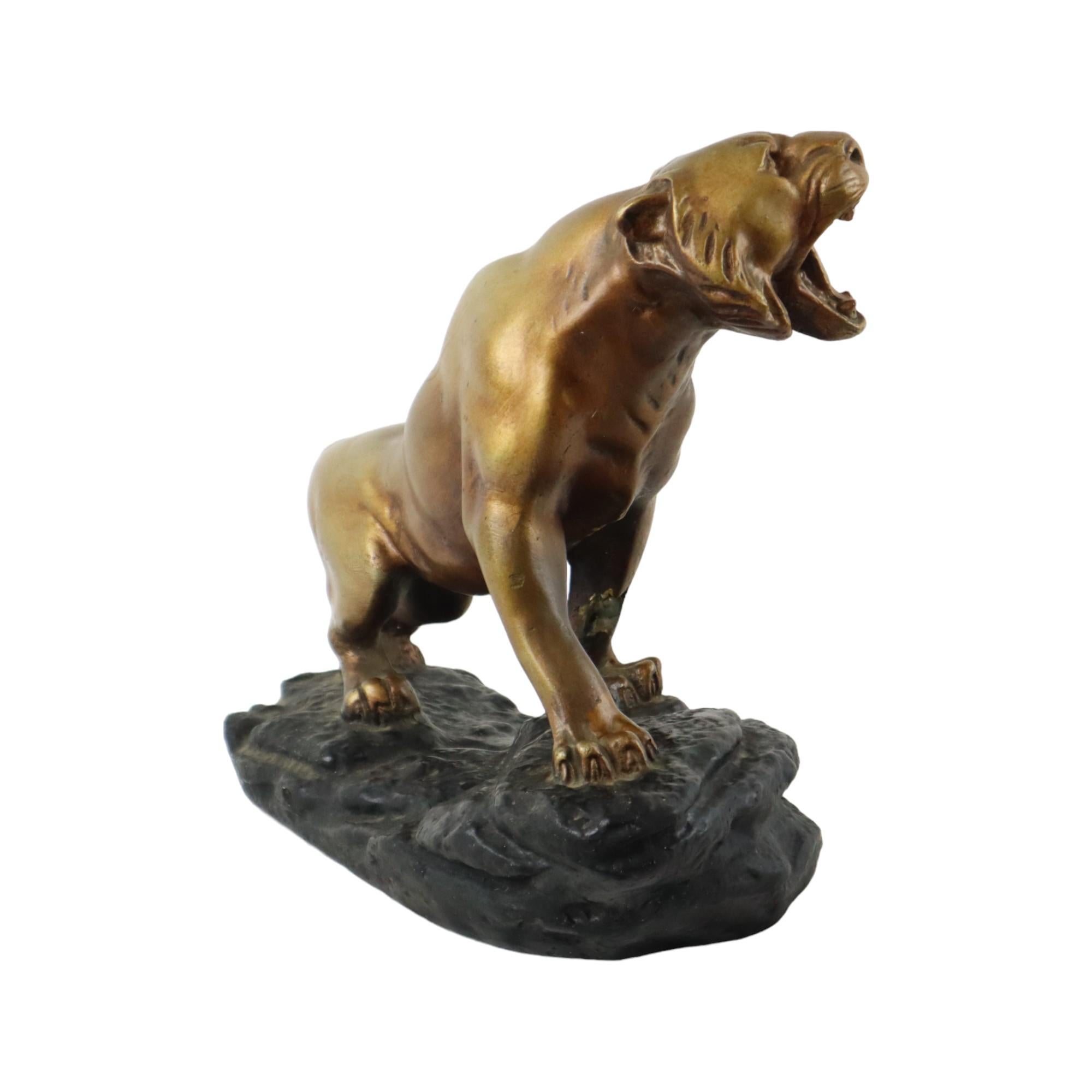 Art Deco Roaring Tiger Statue Sculpture Bronze Patina Plaster For Sale 4