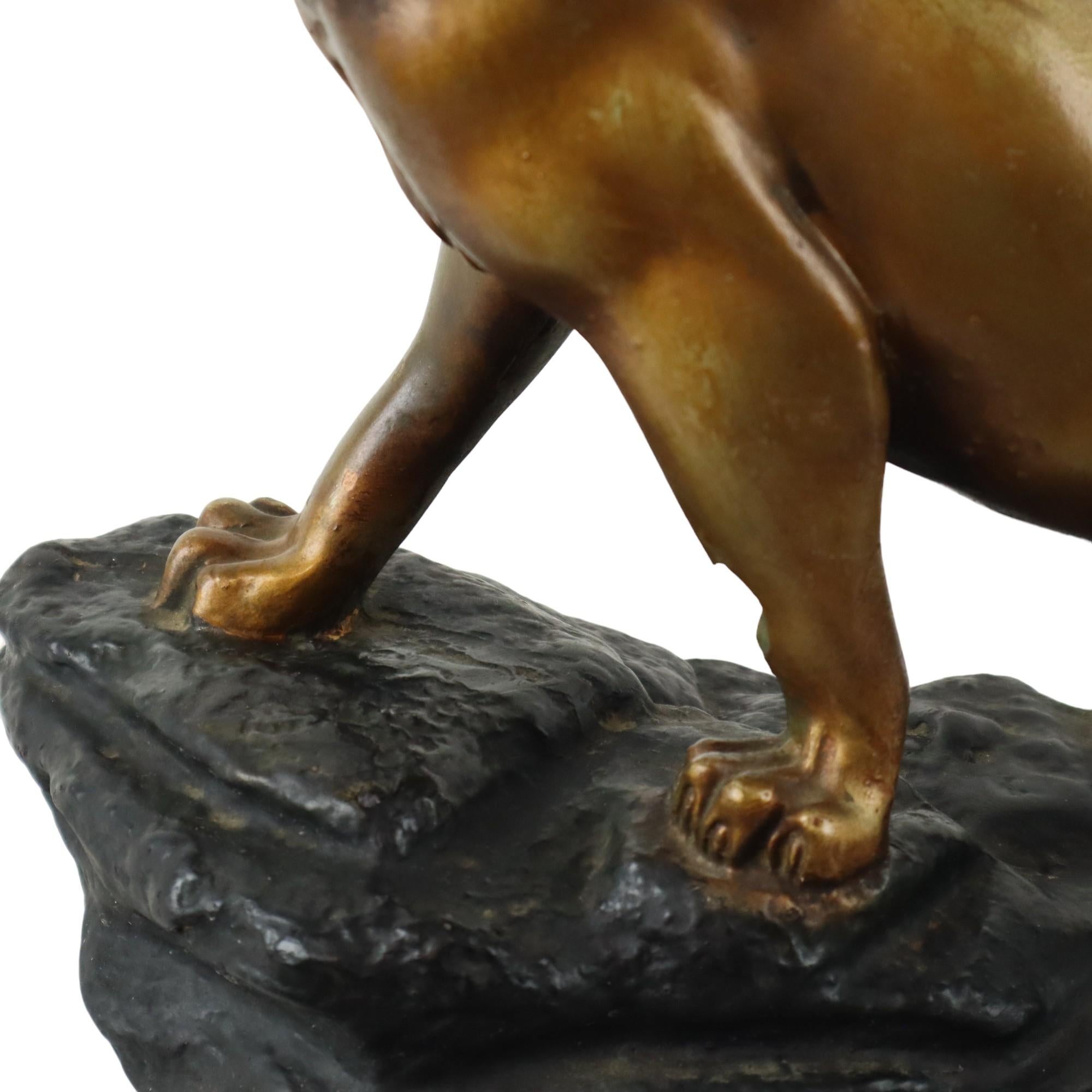 Art Nouveau Art Deco Roaring Tiger Statue Sculpture Bronze Patina Plaster For Sale