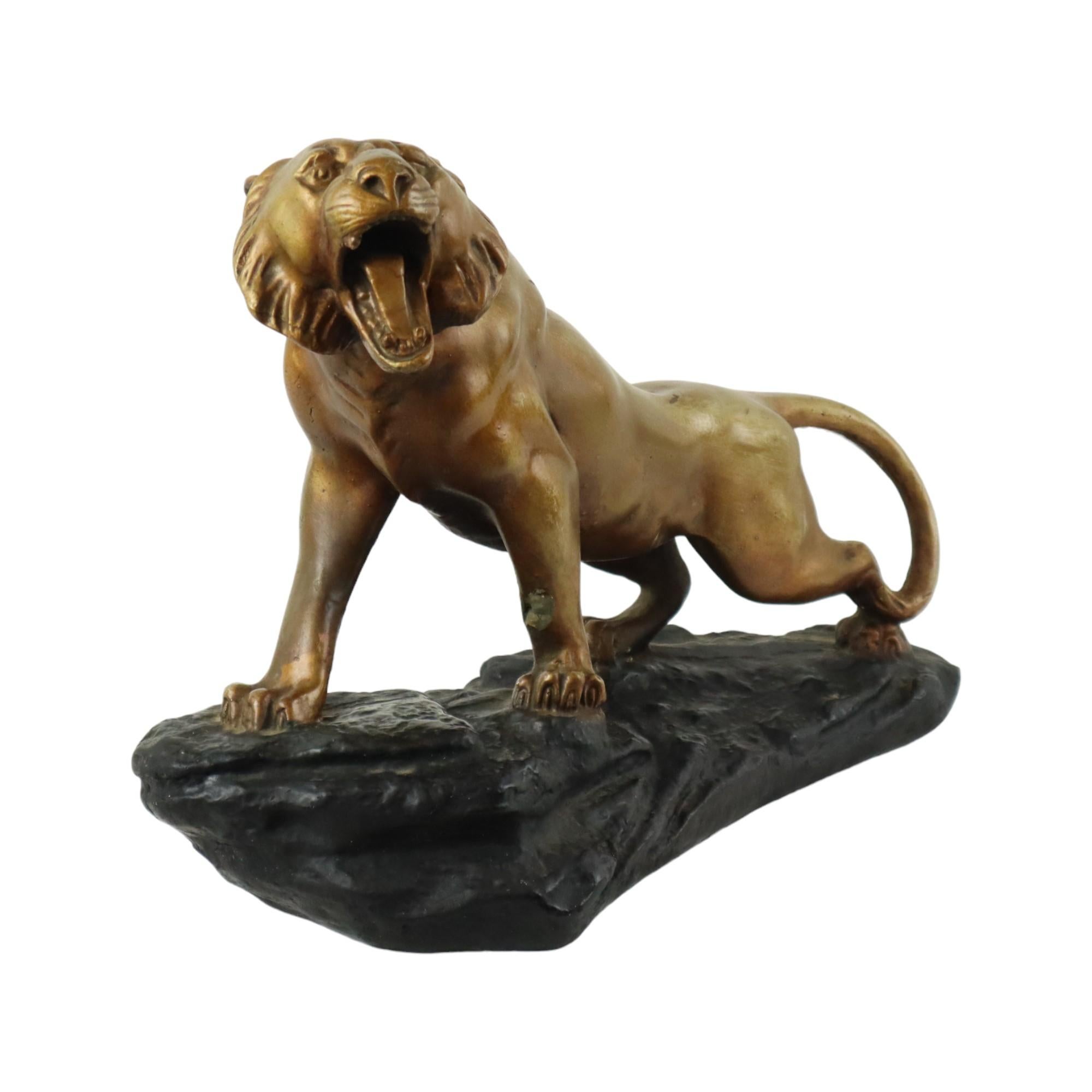 Mid-20th Century Art Deco Roaring Tiger Statue Sculpture Bronze Patina Plaster For Sale