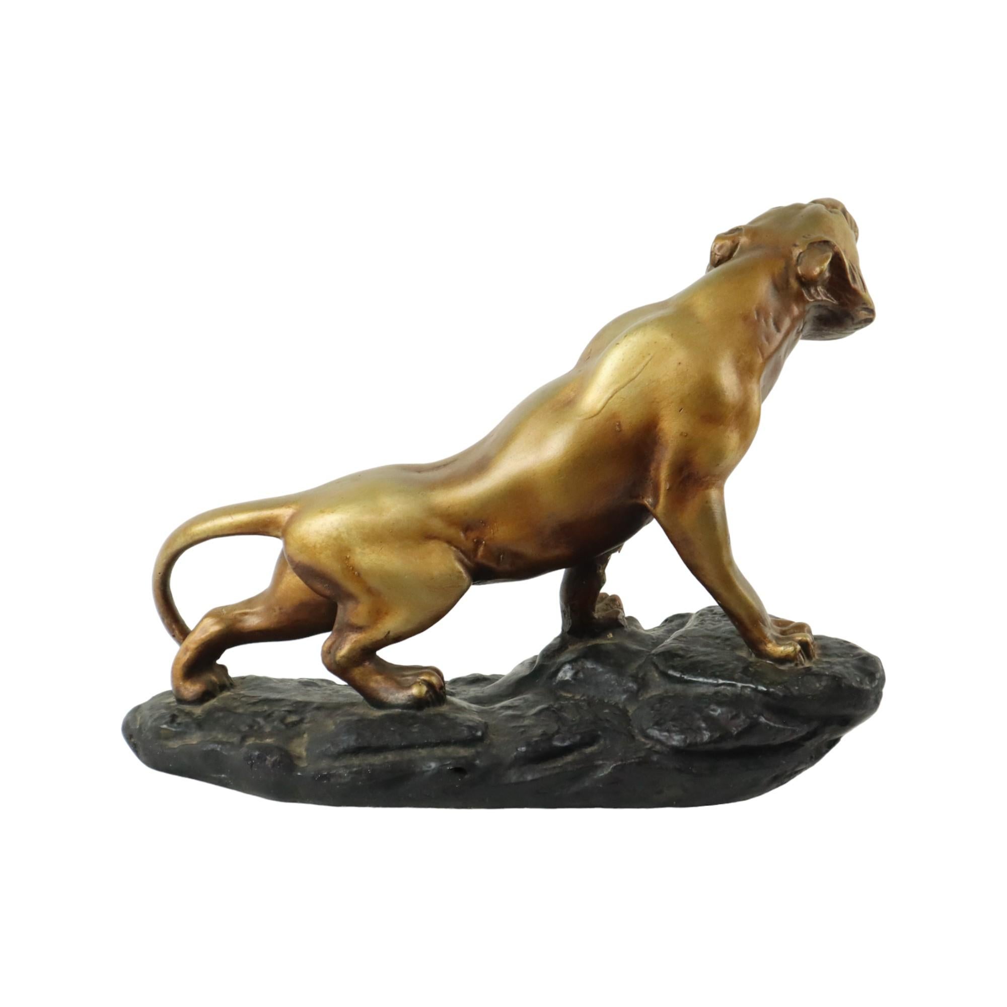 Art Deco Roaring Tiger Statue Sculpture Bronze Patina Plaster For Sale 1