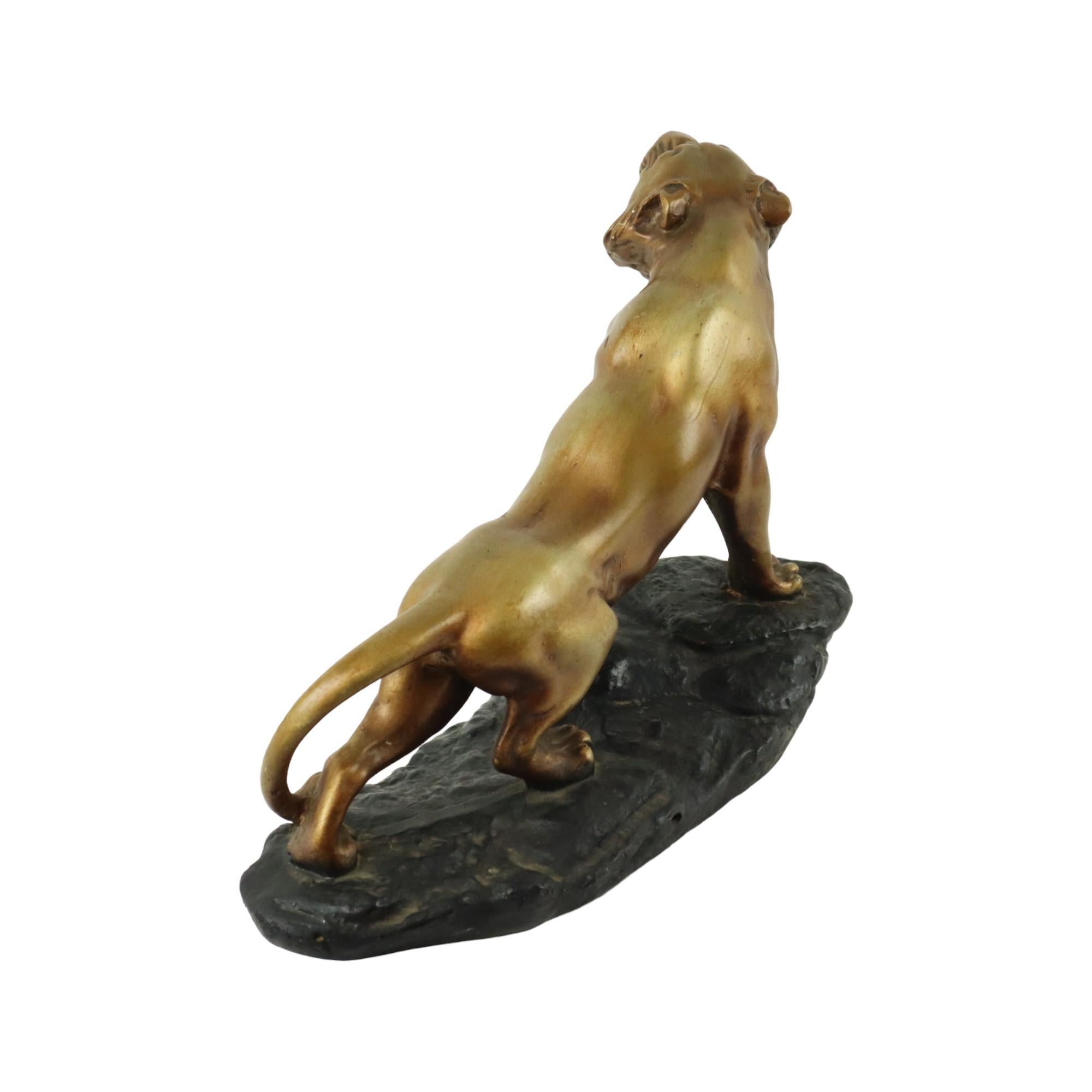 Art Deco Roaring Tiger Statue Sculpture Bronze Patina Plaster For Sale 2