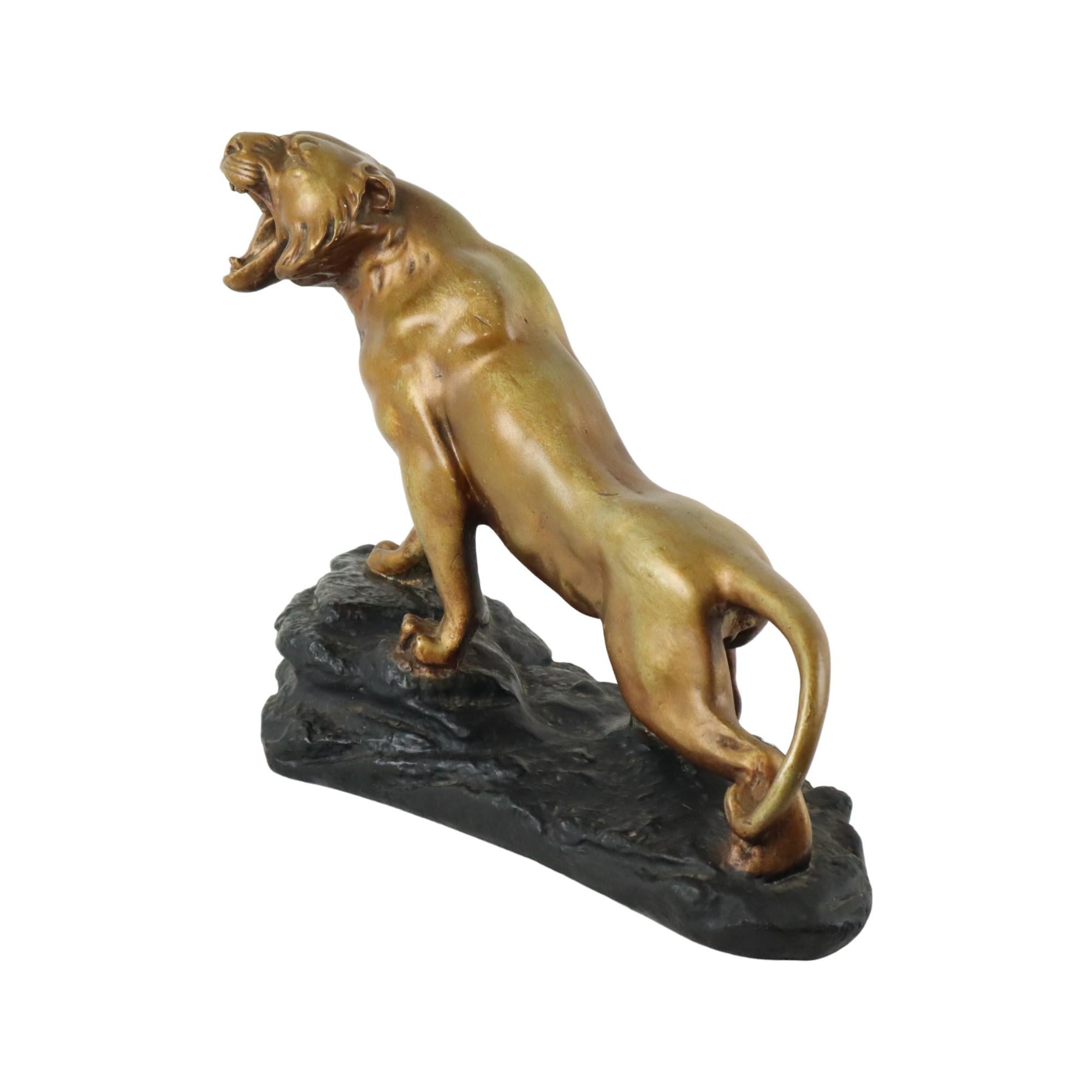Art Deco Roaring Tiger Statue Sculpture Bronze Patina Plaster For Sale 3