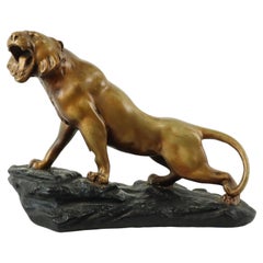 Art Deco Roaring Tiger Statue Sculpture Bronze Patina Plaster
