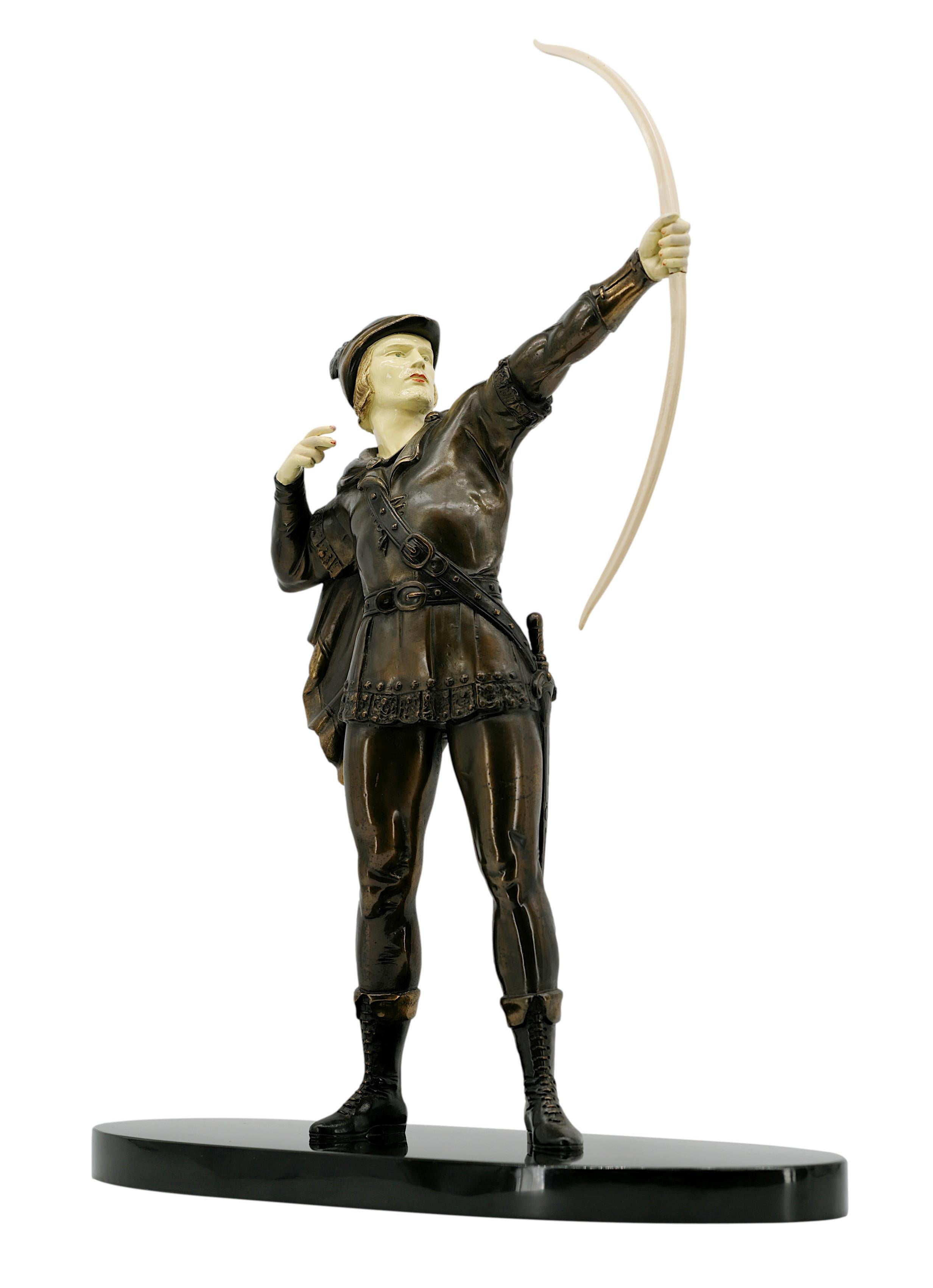 Scultura francese Art Deco di J.d'Arsenes, Francia, anni '20. Robin Hood.  Spelta, bachelite e marmo. Altezza: 26
