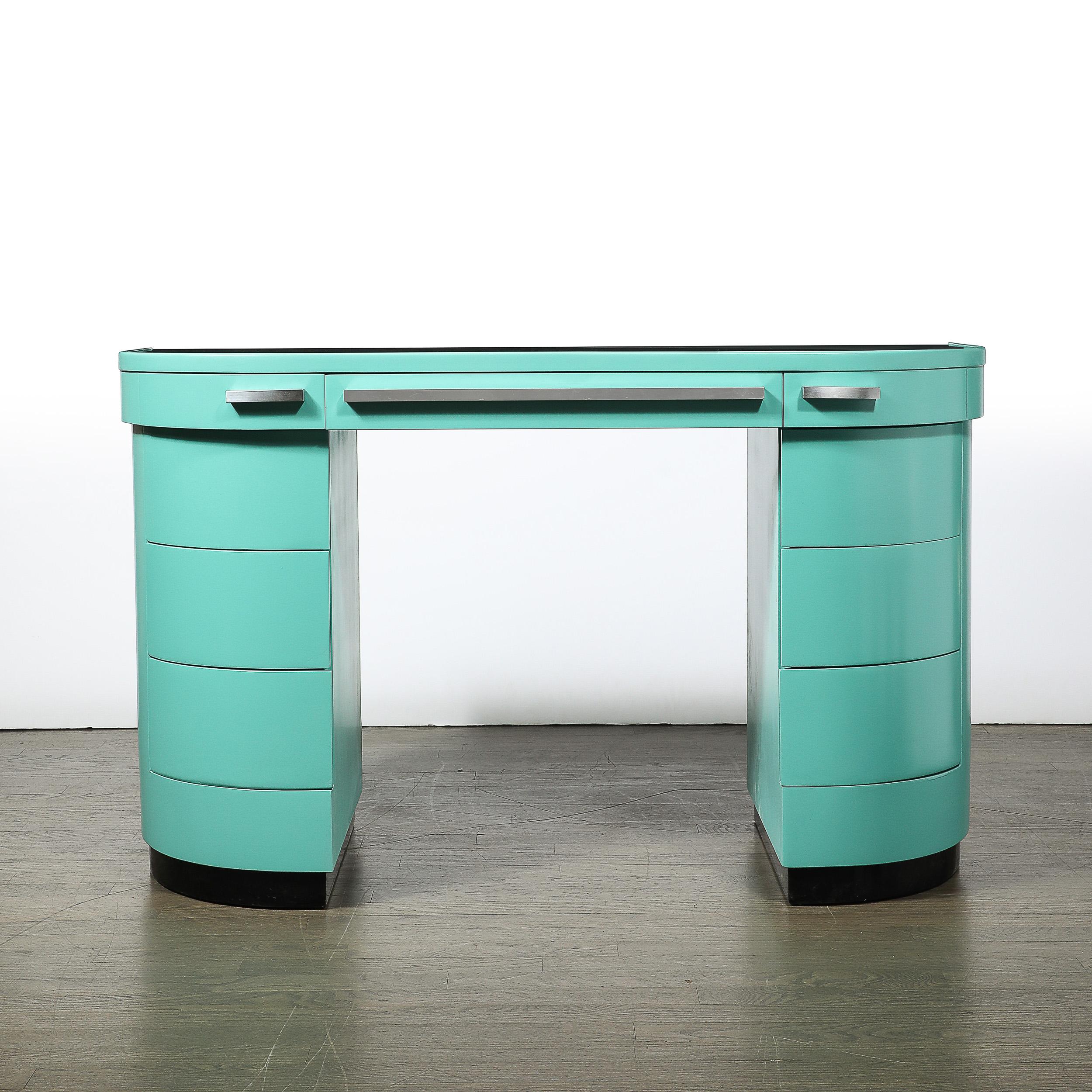 Escritorio Art Decó de laca azul huevo de petirrojo y aluminio cepillado de Donald Deskey Estadounidense en venta