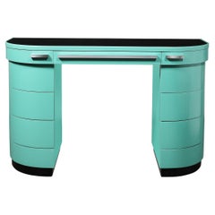Art Deco Robin's Egg Blue Lacquer & Brushed Aluminum Desk by Donald Deskey