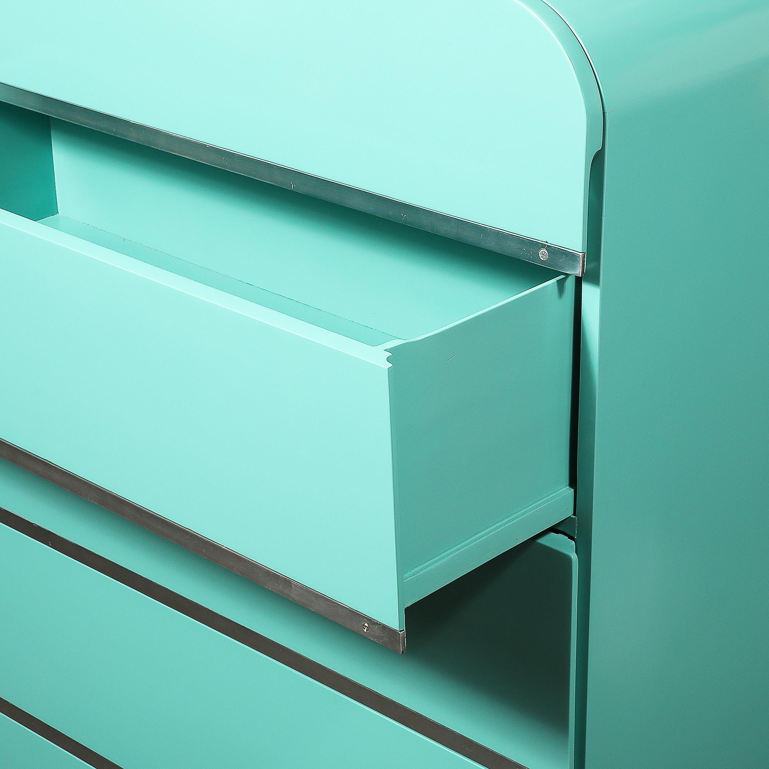 Art Deco Robin's Egg Blue Lacquer & Brushed Aluminum High Chest by Donald Deskey For Sale 5