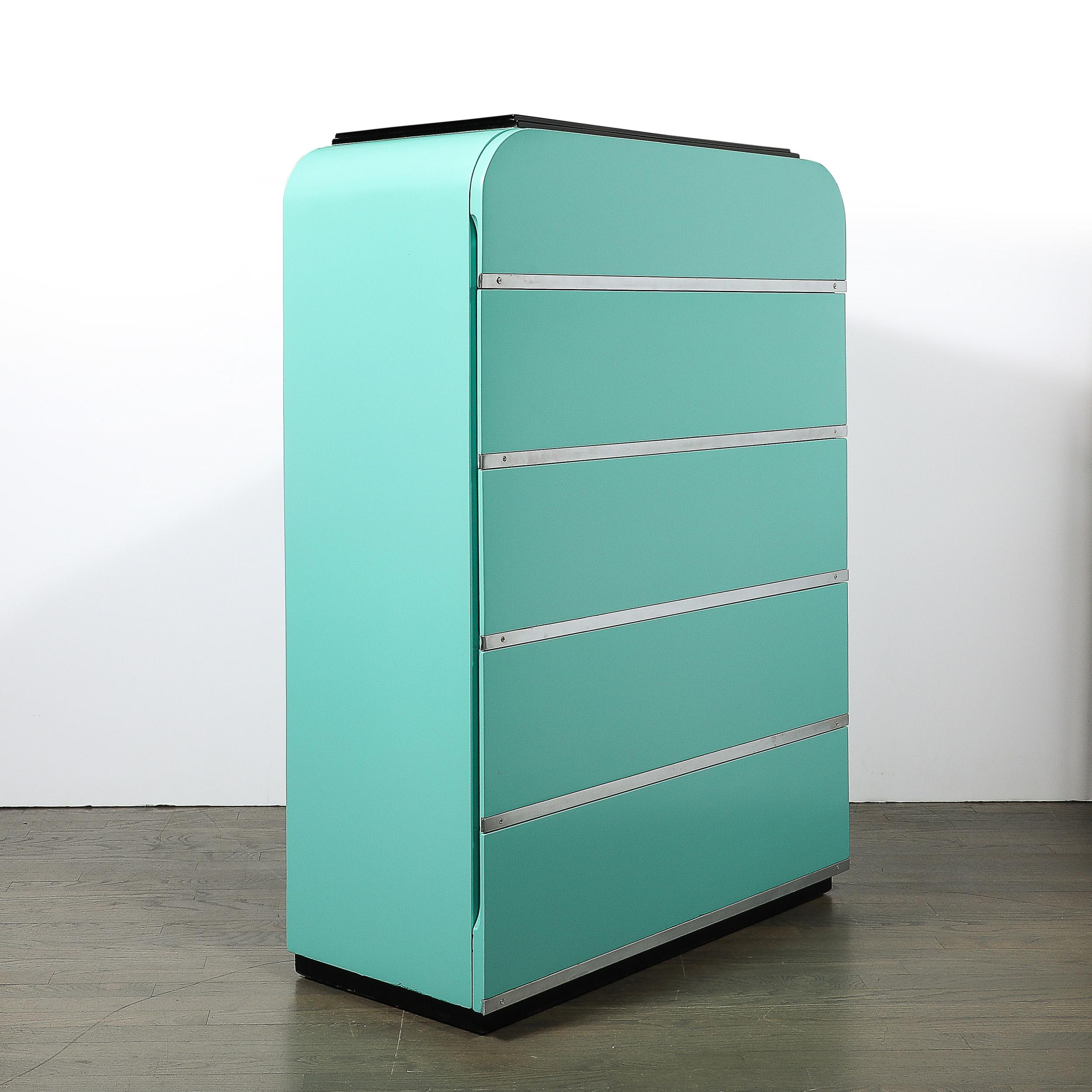 Art Deco Robin's Egg Blue Lacquer & Brushed Aluminum High Chest by Donald Deskey For Sale 10