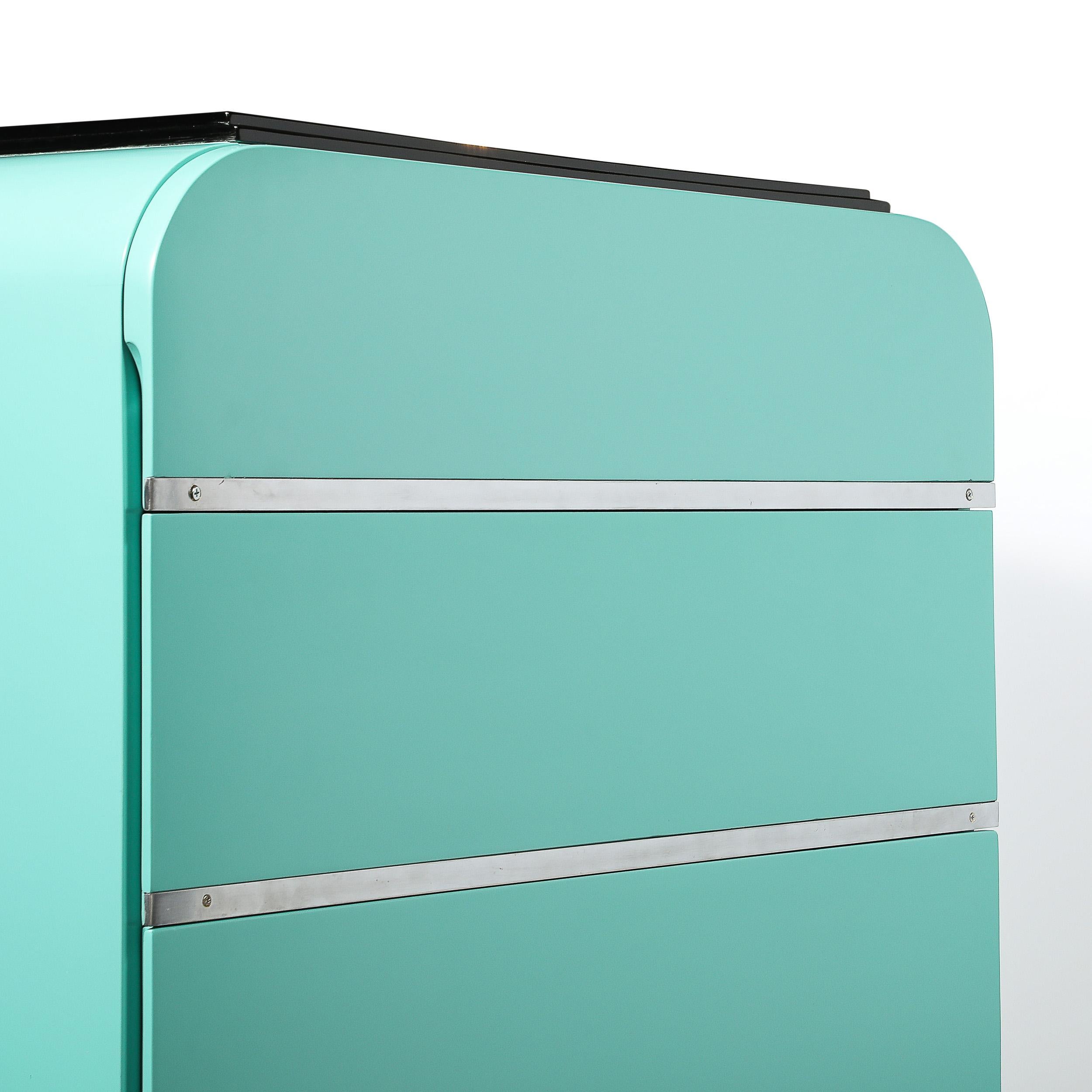 Art Deco Robin's Egg Blue Lacquer & Brushed Aluminum High Chest by Donald Deskey For Sale 11