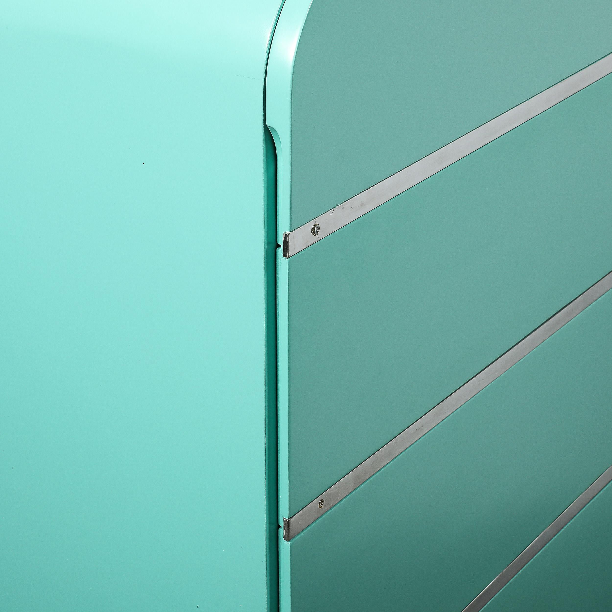 Art Deco Robin's Egg Blue Lacquer & Brushed Aluminum High Chest by Donald Deskey For Sale 12