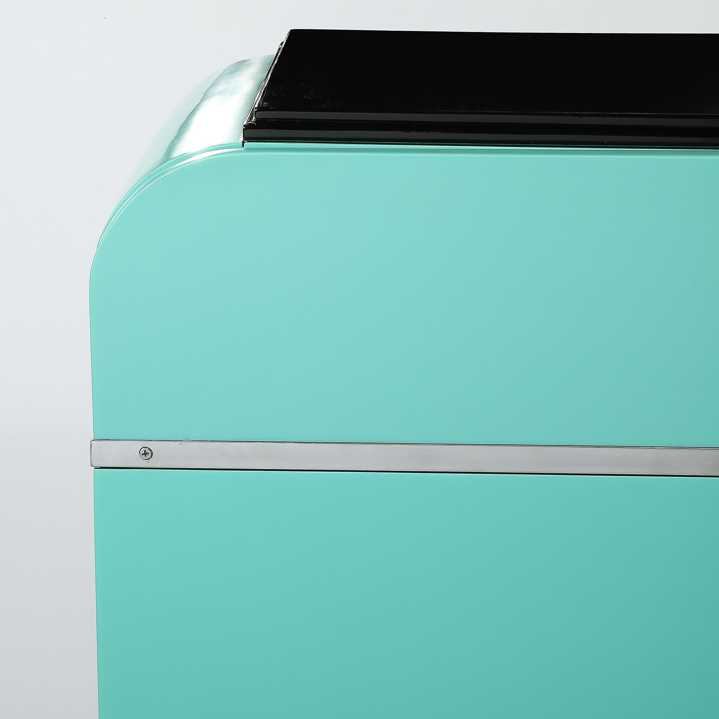 American Art Deco Robin's Egg Blue Lacquer & Brushed Aluminum High Chest by Donald Deskey For Sale