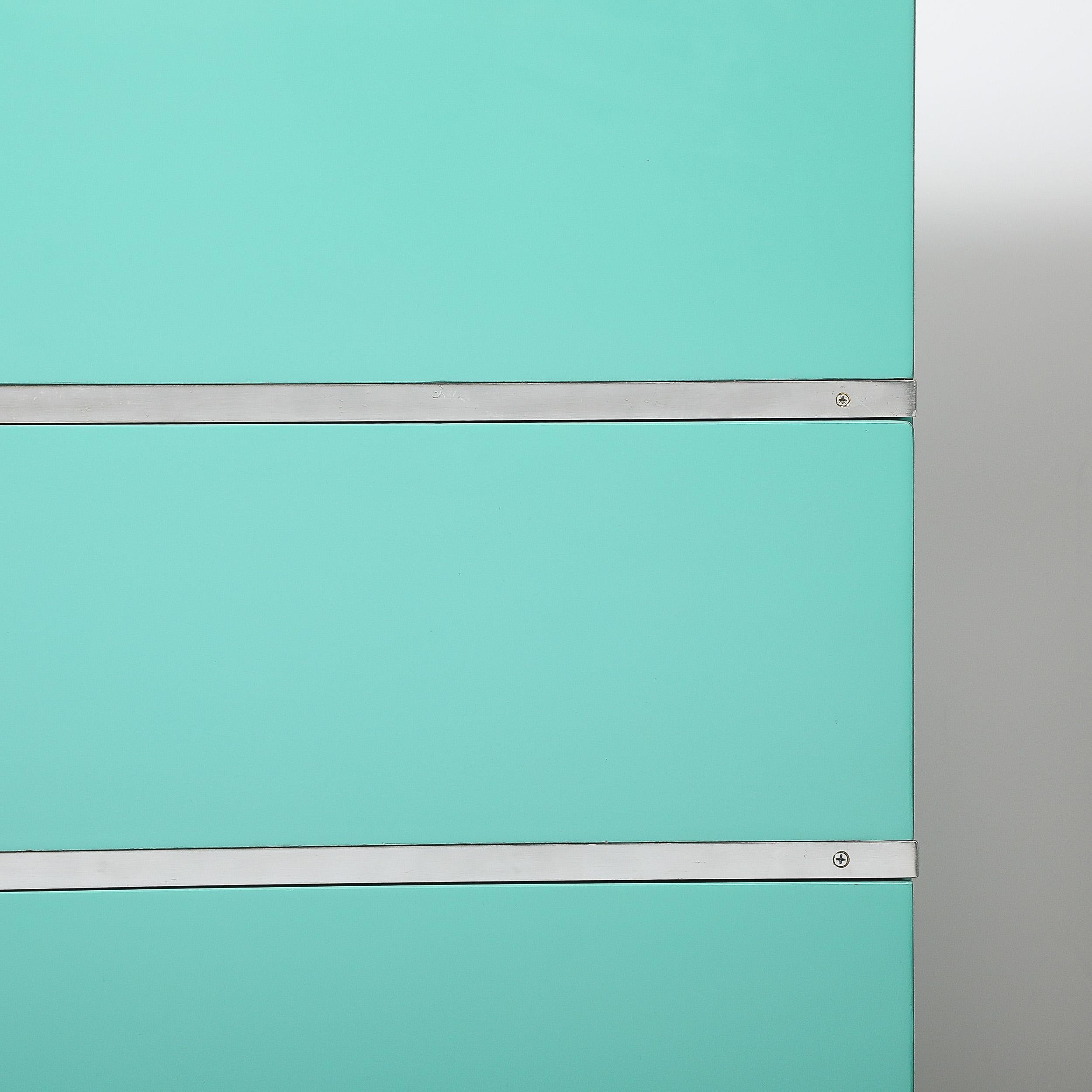 Art Deco Robin's Egg Blue Lacquer & Brushed Aluminum High Chest by Donald Deskey In Excellent Condition For Sale In New York, NY
