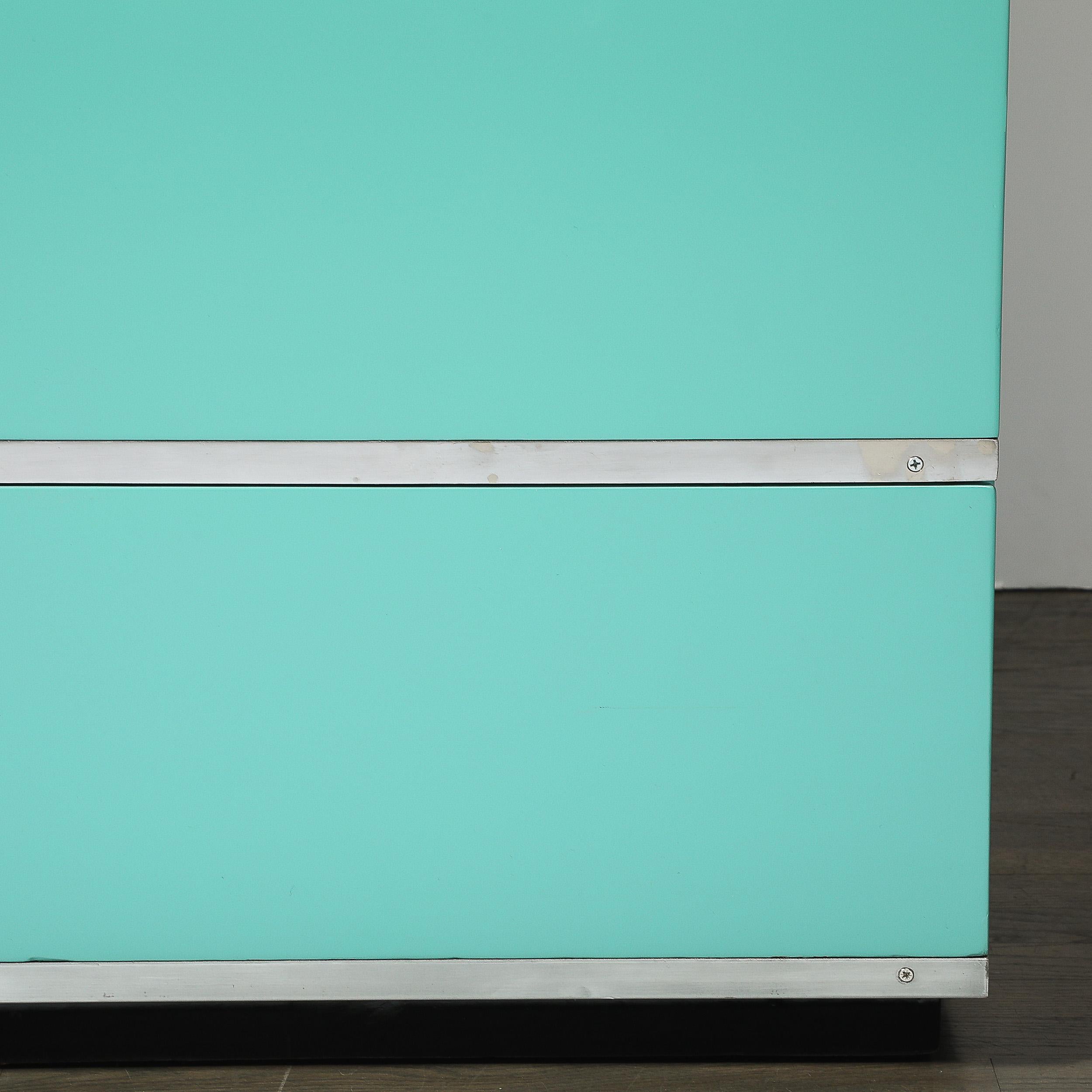 Mid-20th Century Art Deco Robin's Egg Blue Lacquer & Brushed Aluminum High Chest by Donald Deskey For Sale