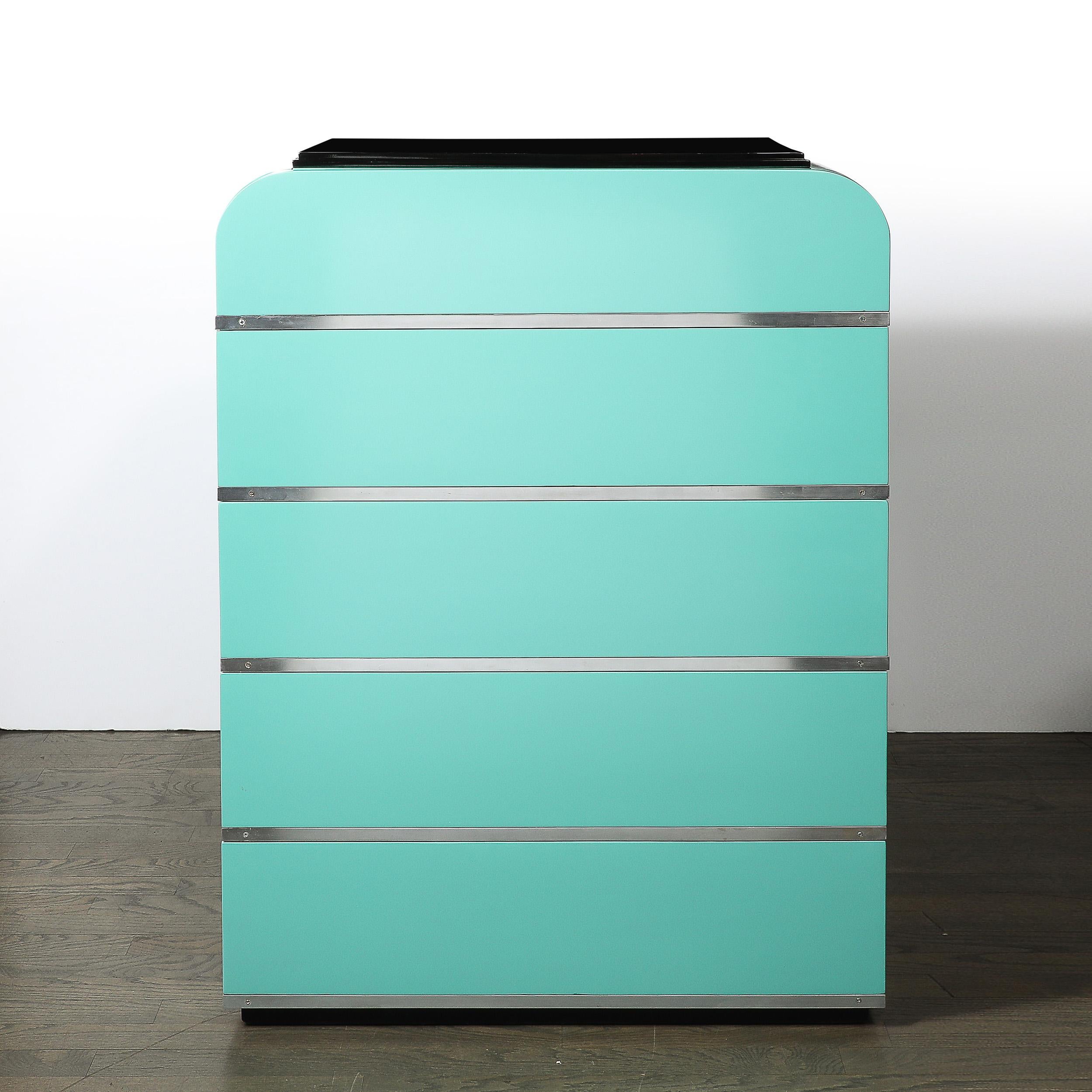 Art Deco Robin's Egg Blue Lacquer & Brushed Aluminum High Chest by Donald Deskey For Sale 1