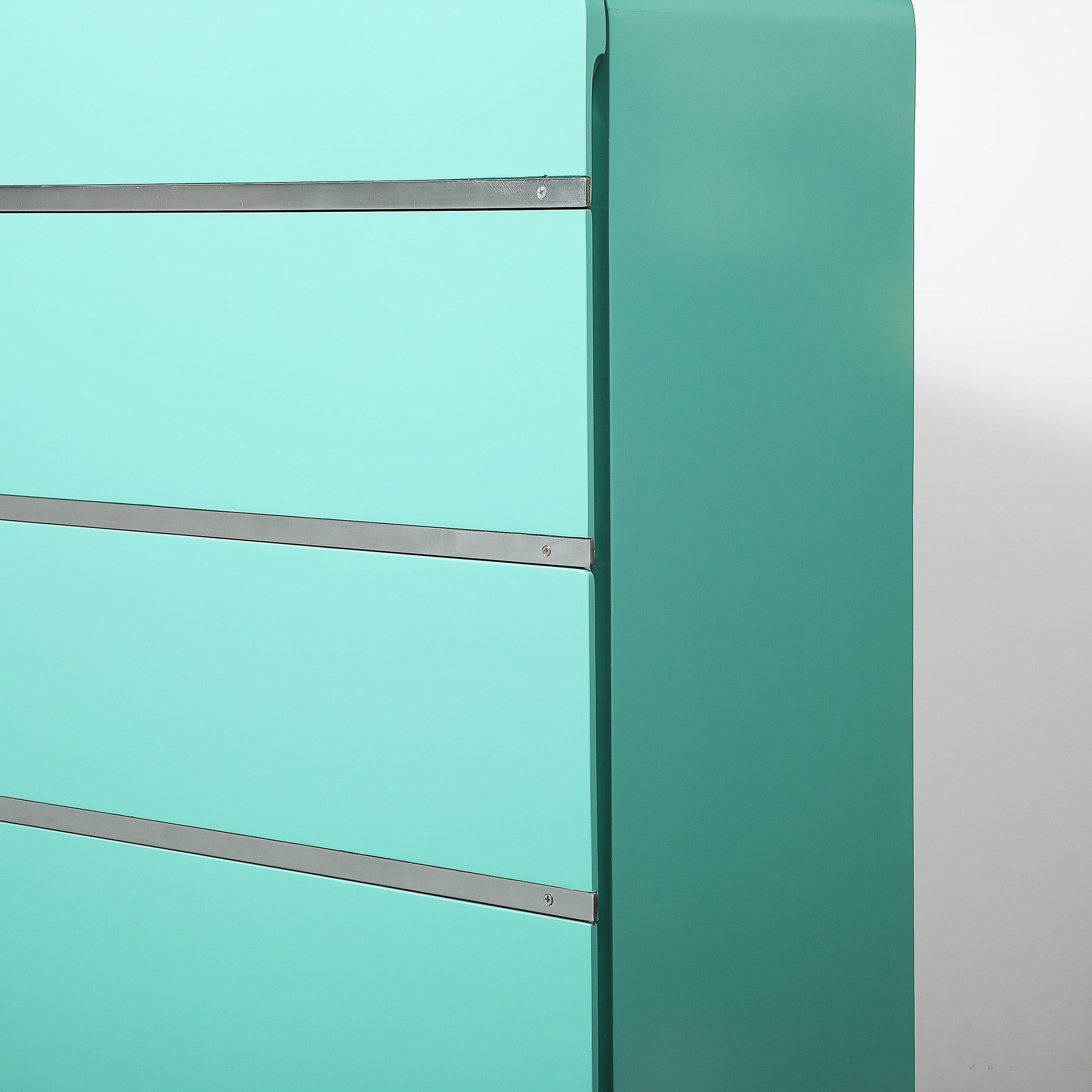 Art Deco Robin's Egg Blue Lacquer & Brushed Aluminum High Chest by Donald Deskey For Sale 3