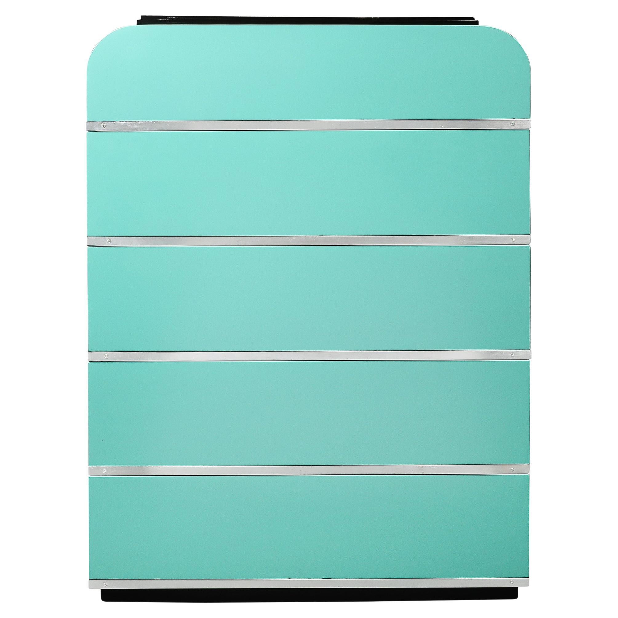 Art Deco Robin's Egg Blue Lacquer & Brushed Aluminum High Chest by Donald Deskey