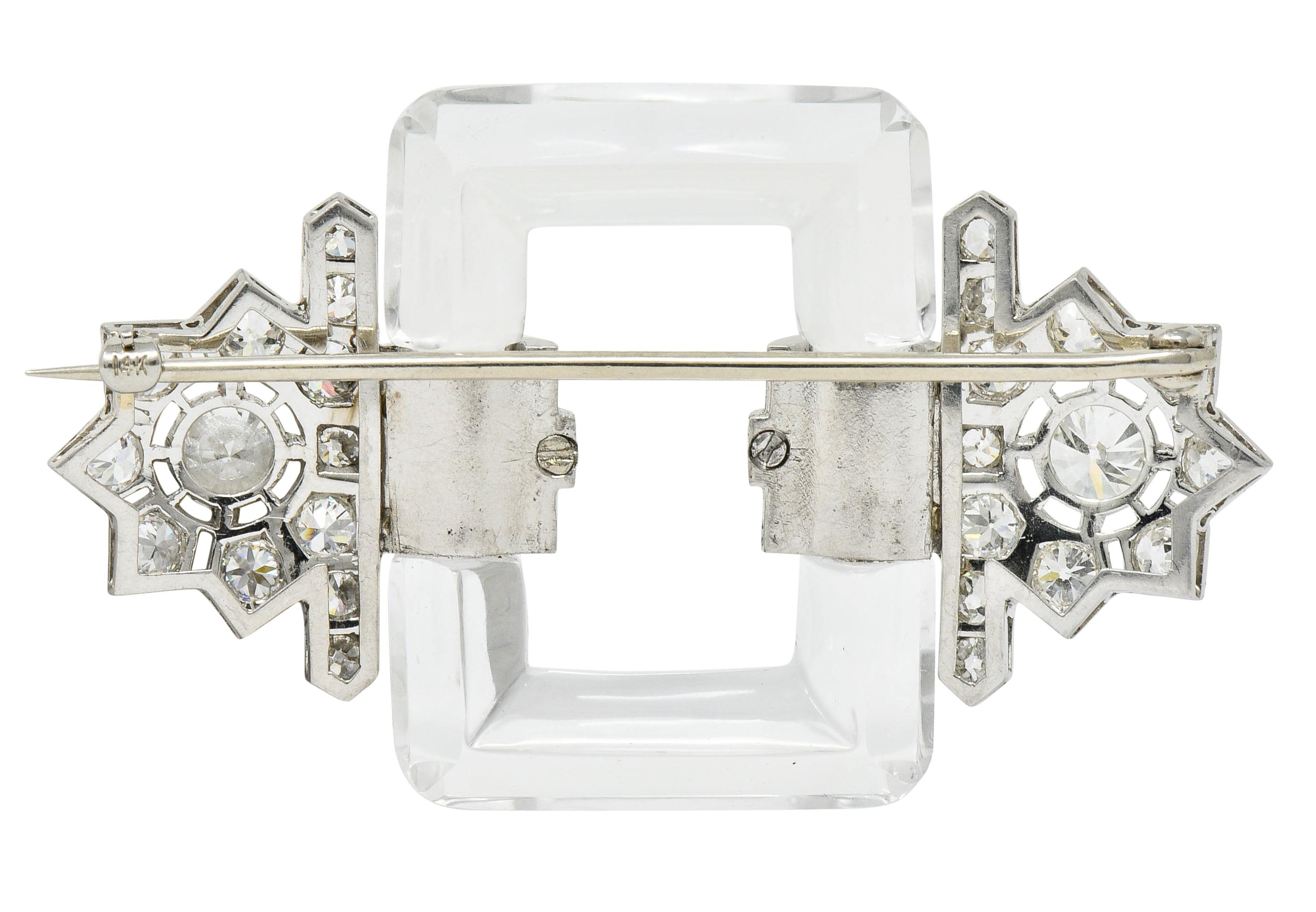 Retro Art Deco Rock Crystal 5.08 Carat Diamond Platinum Floral Brooch