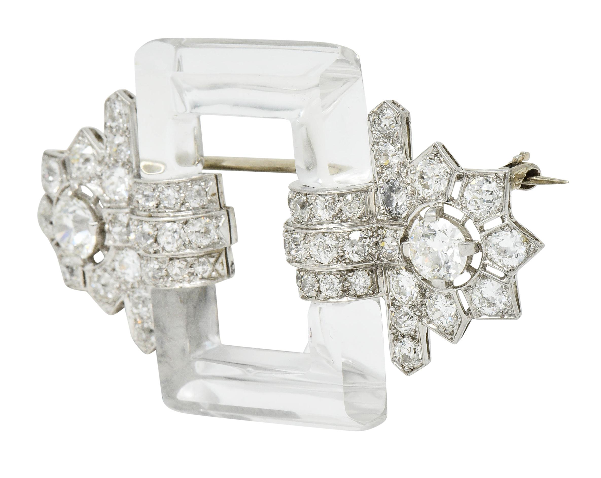 Old European Cut Art Deco Rock Crystal 5.08 Carat Diamond Platinum Floral Brooch