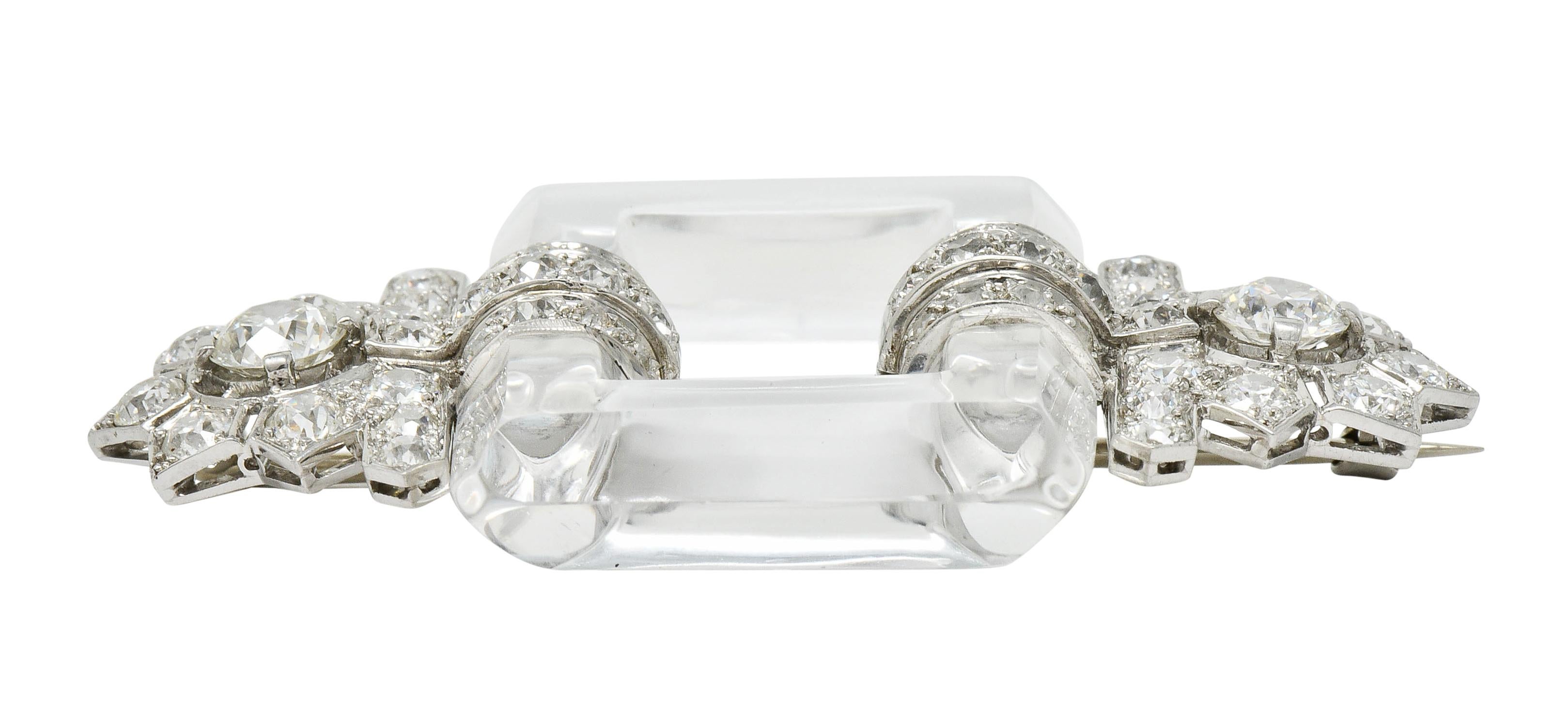Art Deco Rock Crystal 5.08 Carat Diamond Platinum Floral Brooch In Excellent Condition In Philadelphia, PA