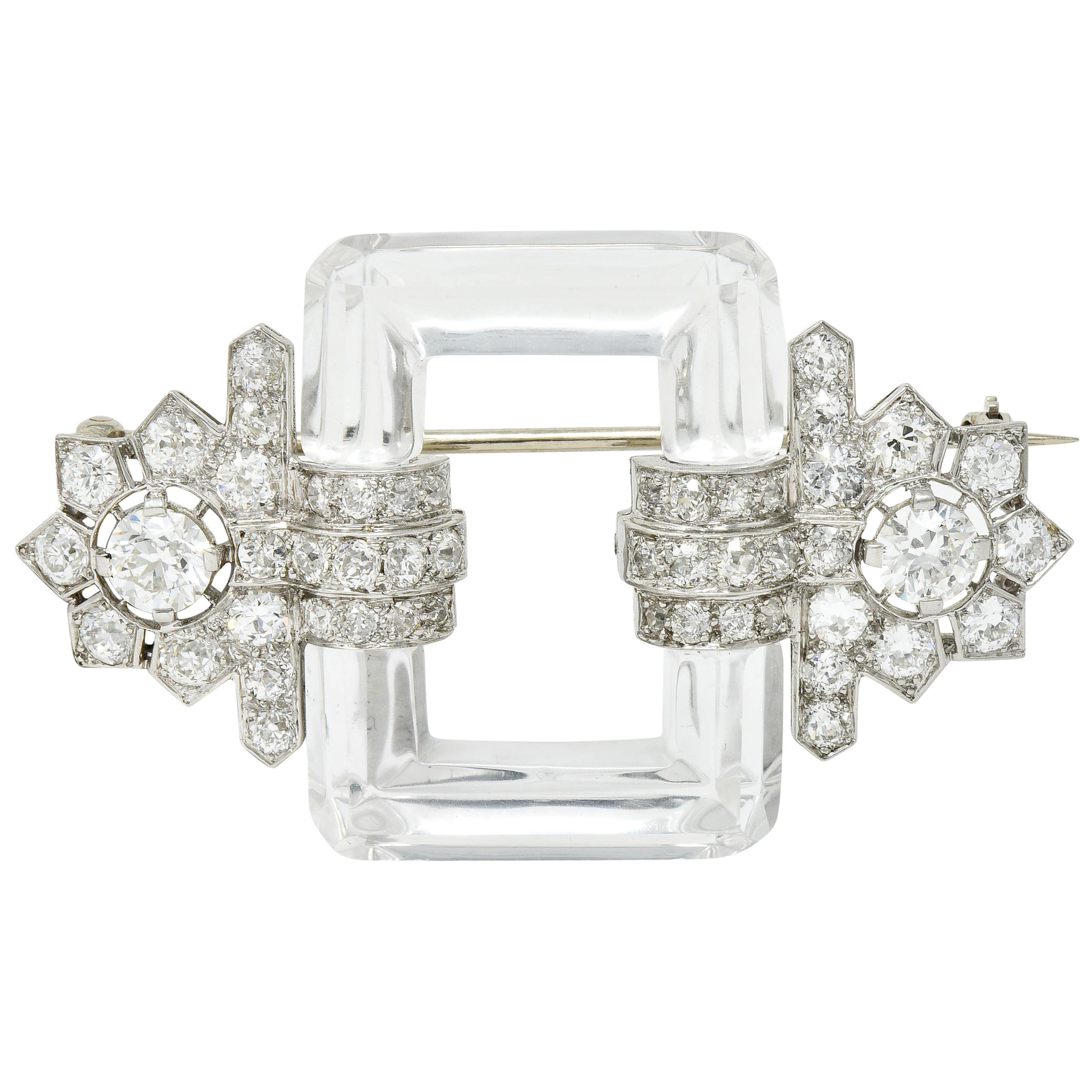 Art Deco Rock Crystal 5.08 Carat Diamond Platinum Floral Brooch