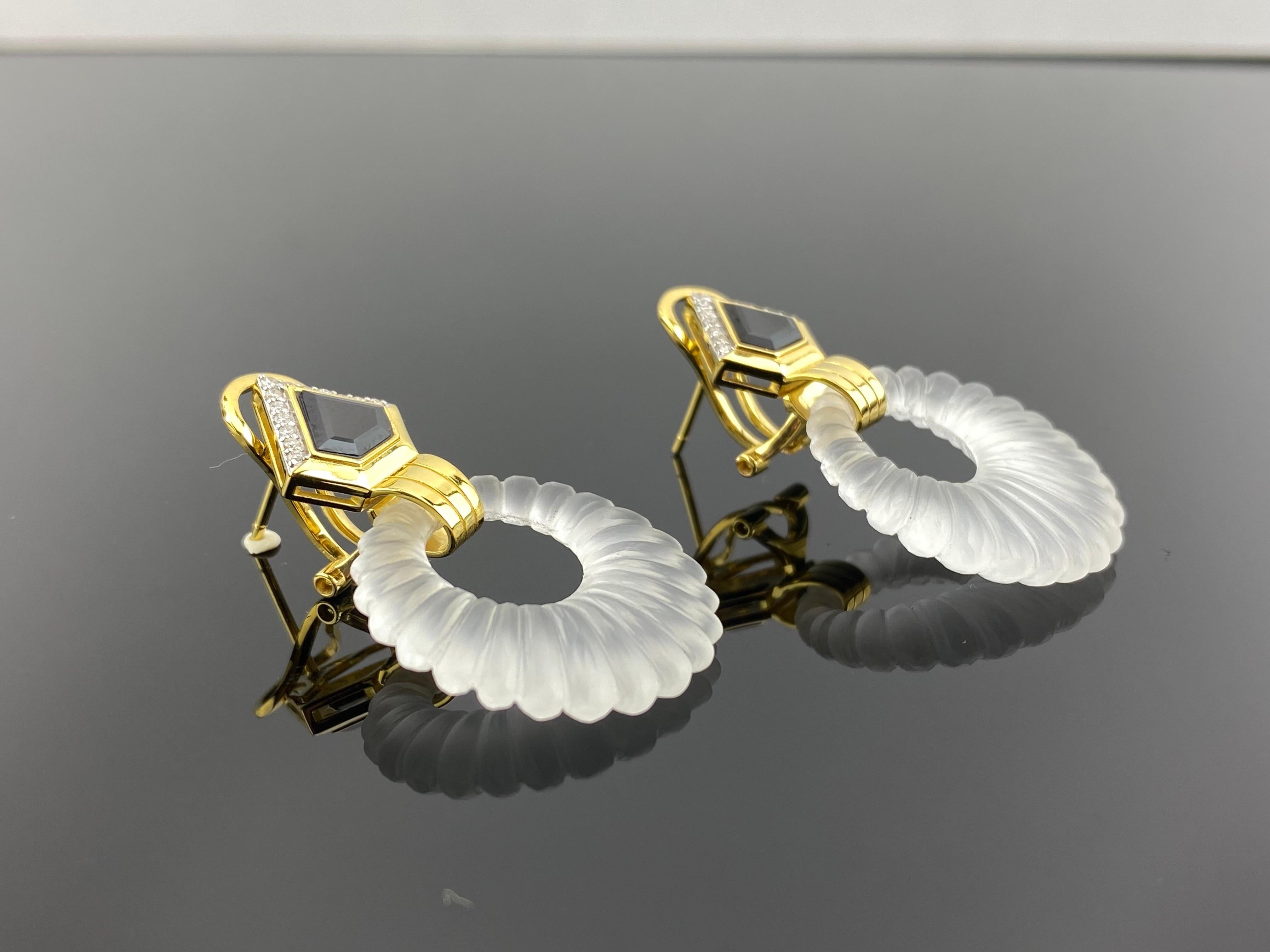 Oval Cut Art Deco Rock Crystal, Black Onyx and Diamond 18K Yellow Gold Dangle Earrings For Sale