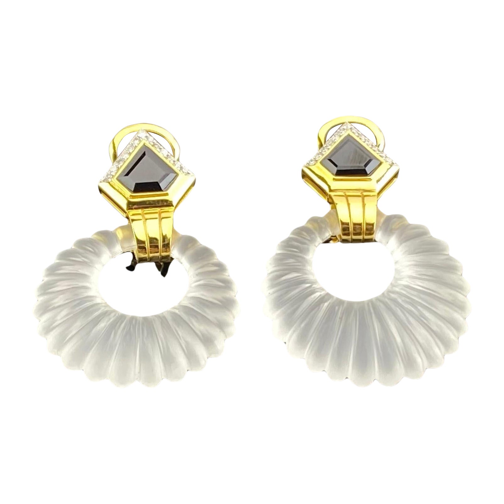 Art Deco Rock Crystal, Black Onyx and Diamond 18K Yellow Gold Dangle Earrings For Sale