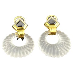 Art Deco Rock Crystal, Black Onyx and Diamond 18K Yellow Gold Dangle Earrings