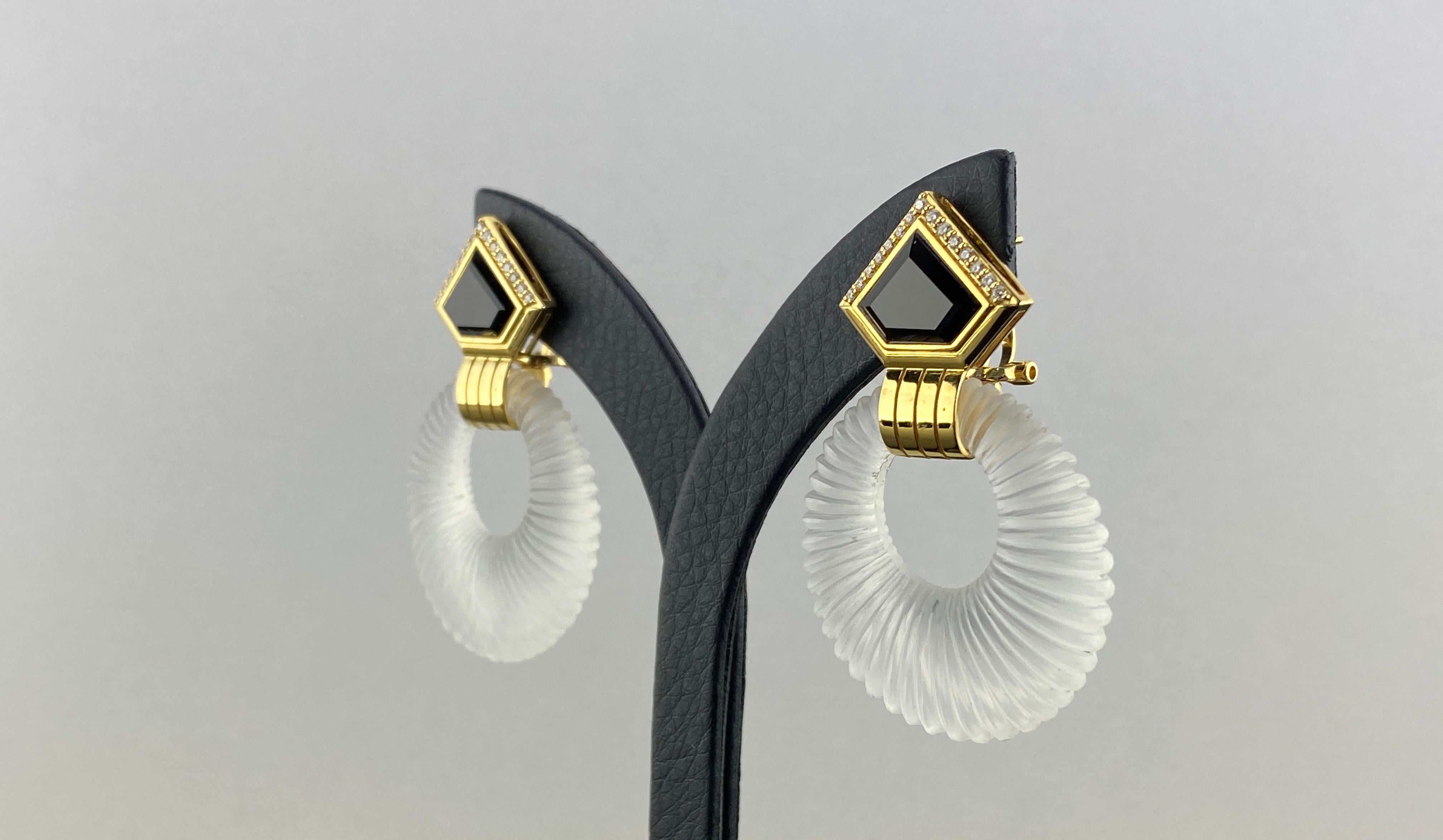 Mixed Cut Art Deco Rock Crystal, Black Onyx and Diamond Dangle Earrings For Sale
