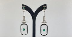 Art Deco Style Rock Crystal, Black Onyx Dangle Earrings, Emeralds and Diamonds