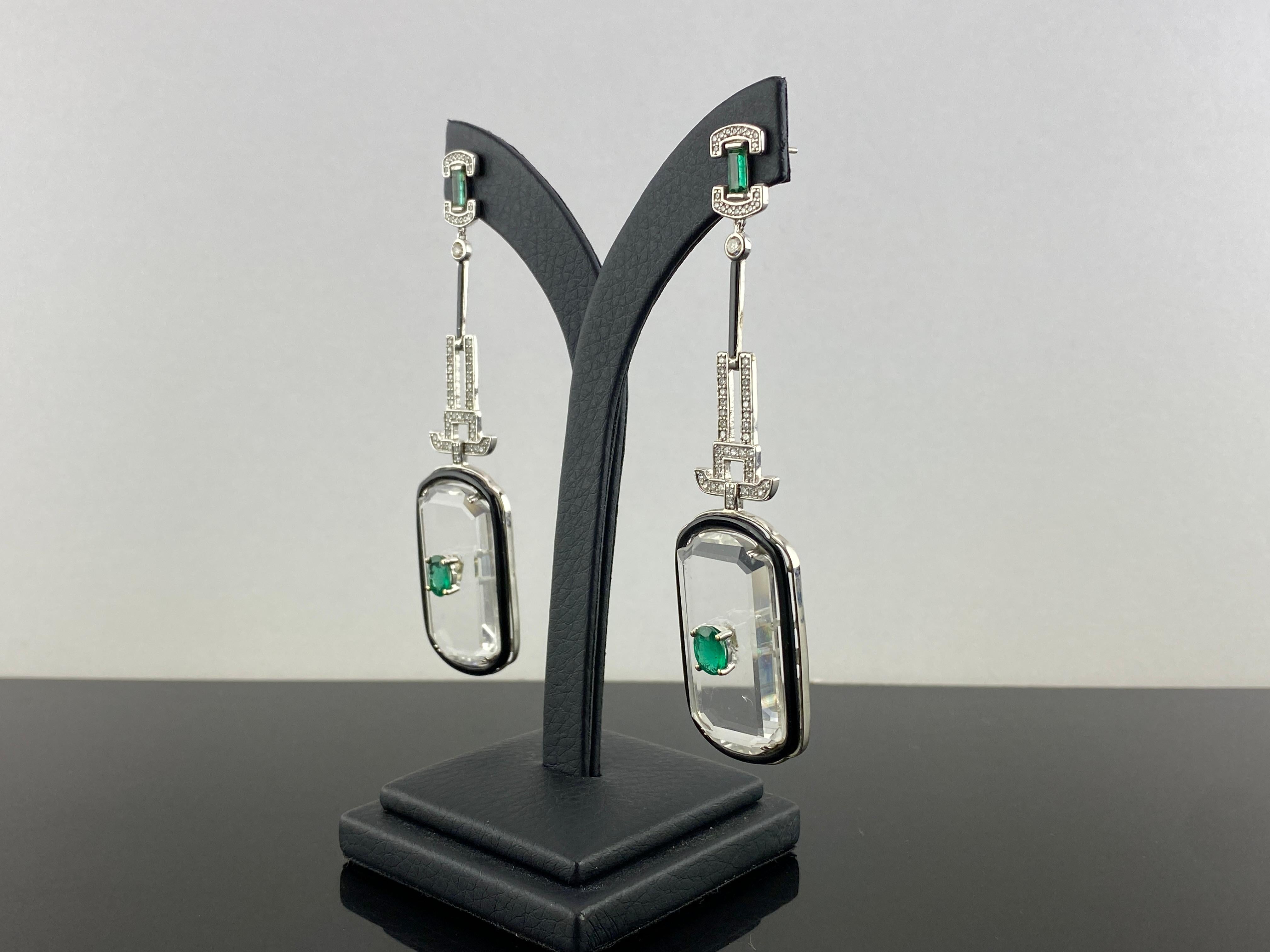 Emerald Cut Art Deco Style Rock Crystal, Black Onyx Dangle Earrings, Emeralds and Diamonds For Sale