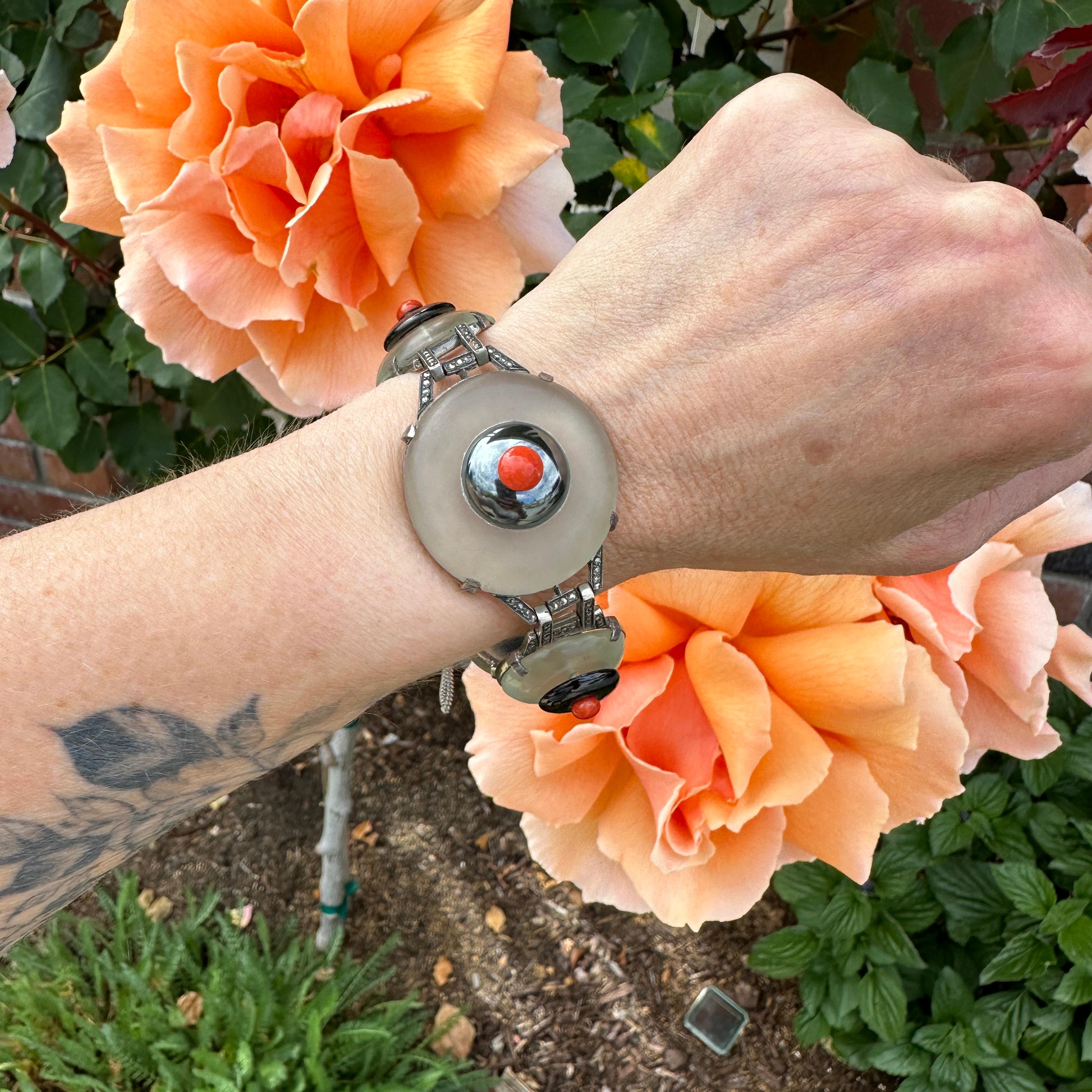 Art Deco Rock Crystal, Coral & Marcasite Bracelet For Sale 5