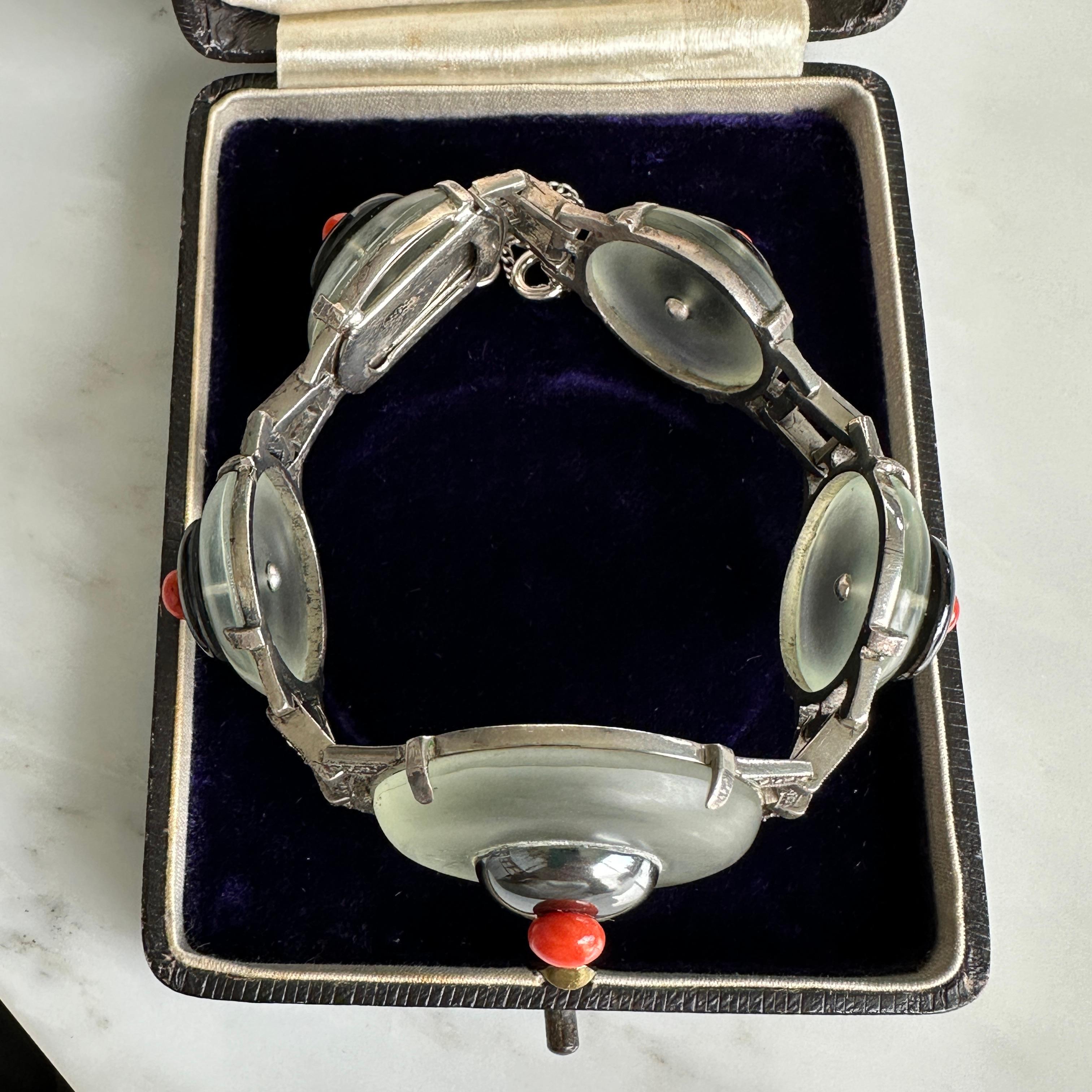 Art Deco Rock Crystal, Coral & Marcasite Bracelet For Sale 9