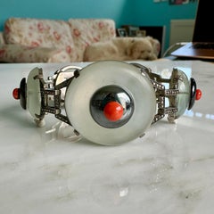 Art Deco Rock Crystal, Coral & Marcasite Bracelet