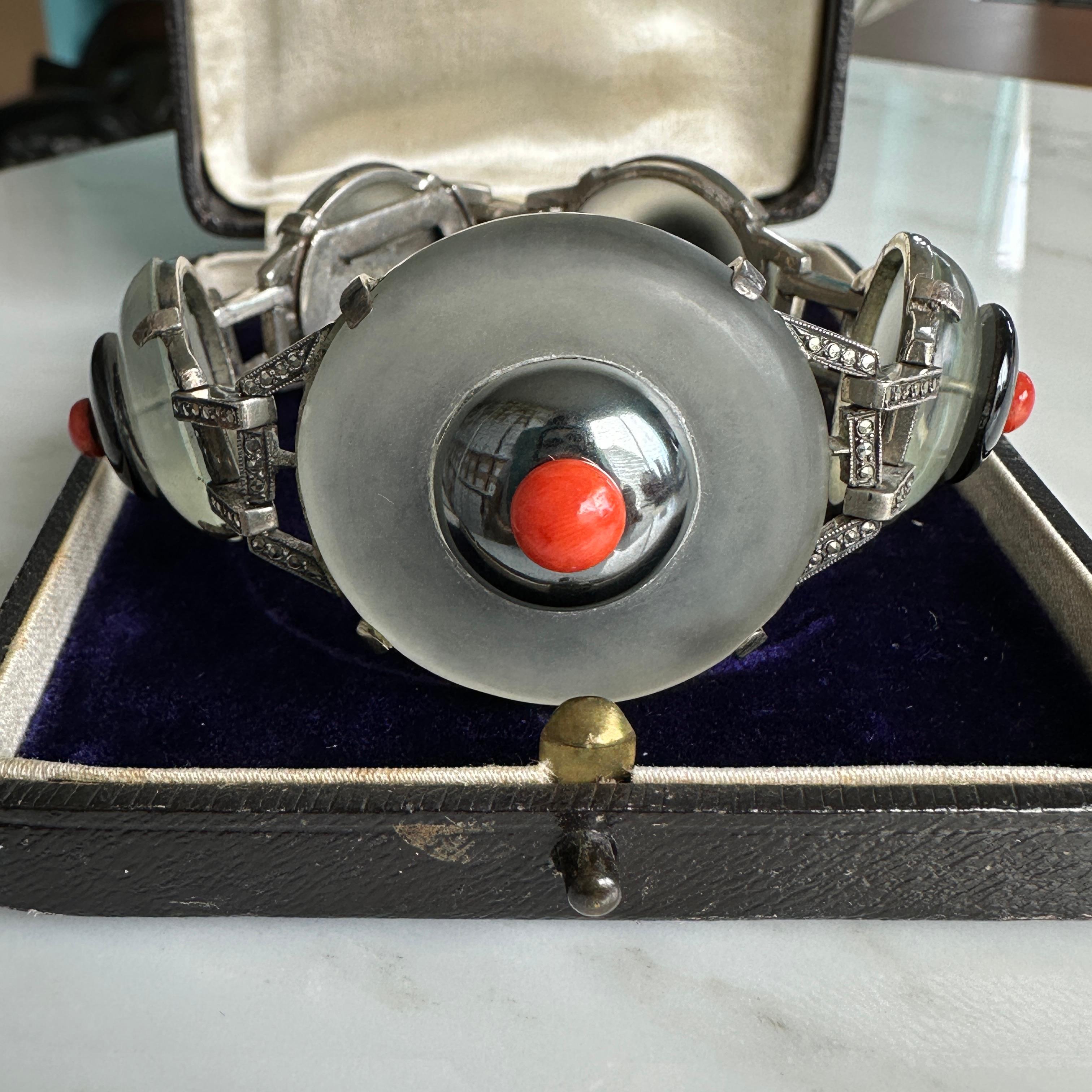 Art Deco Rock Crystal, Coral & Marcasite Bracelet For Sale 4