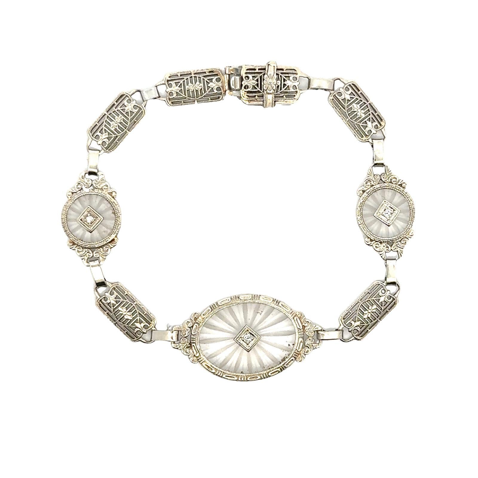 Single Cut Art Deco Rock Crystal Diamond 14 Karat White Gold Filigree Vintage Bracelet For Sale